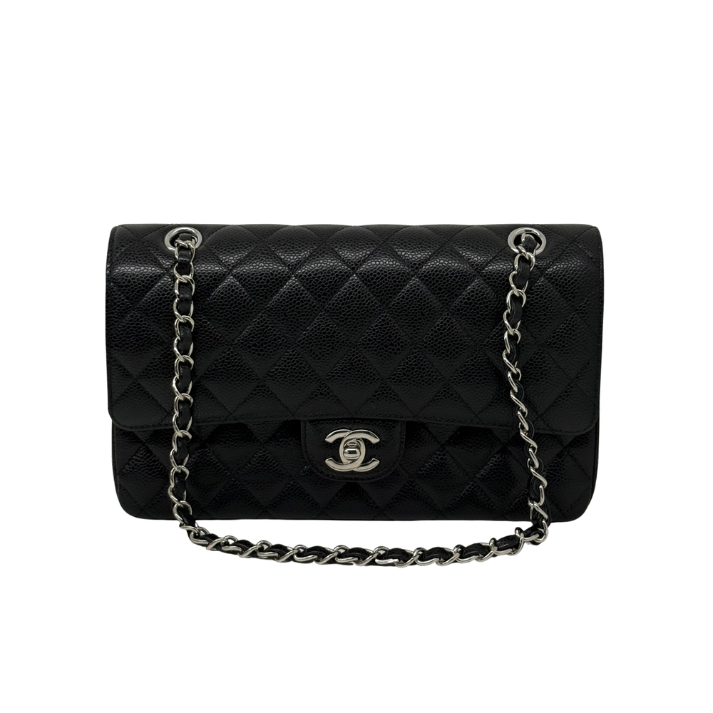 Quilted Chanel shoulder bag with flap, dark leather, chain strap and stitched diamond texture