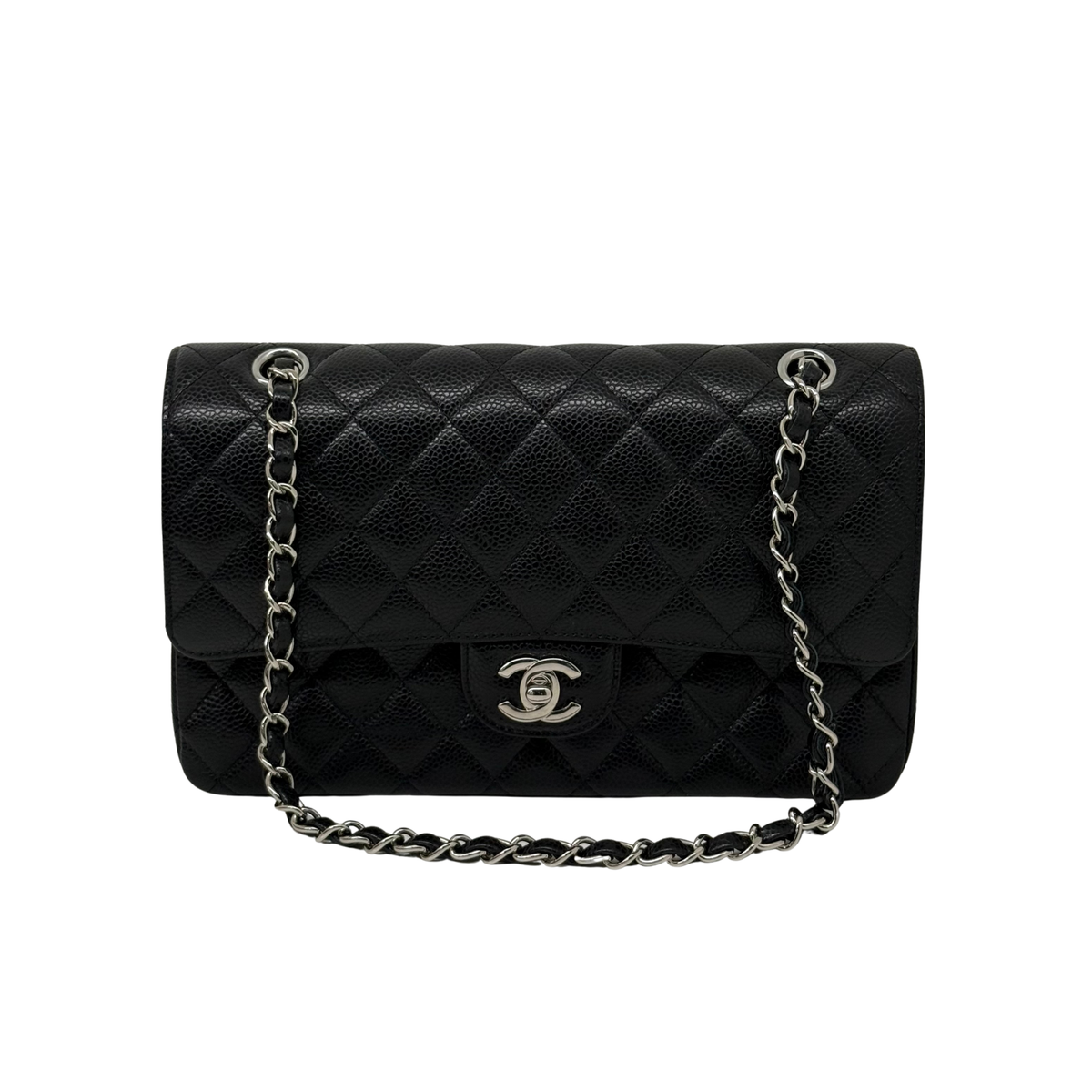 Quilted Chanel shoulder bag with flap, dark leather, chain strap and stitched diamond texture