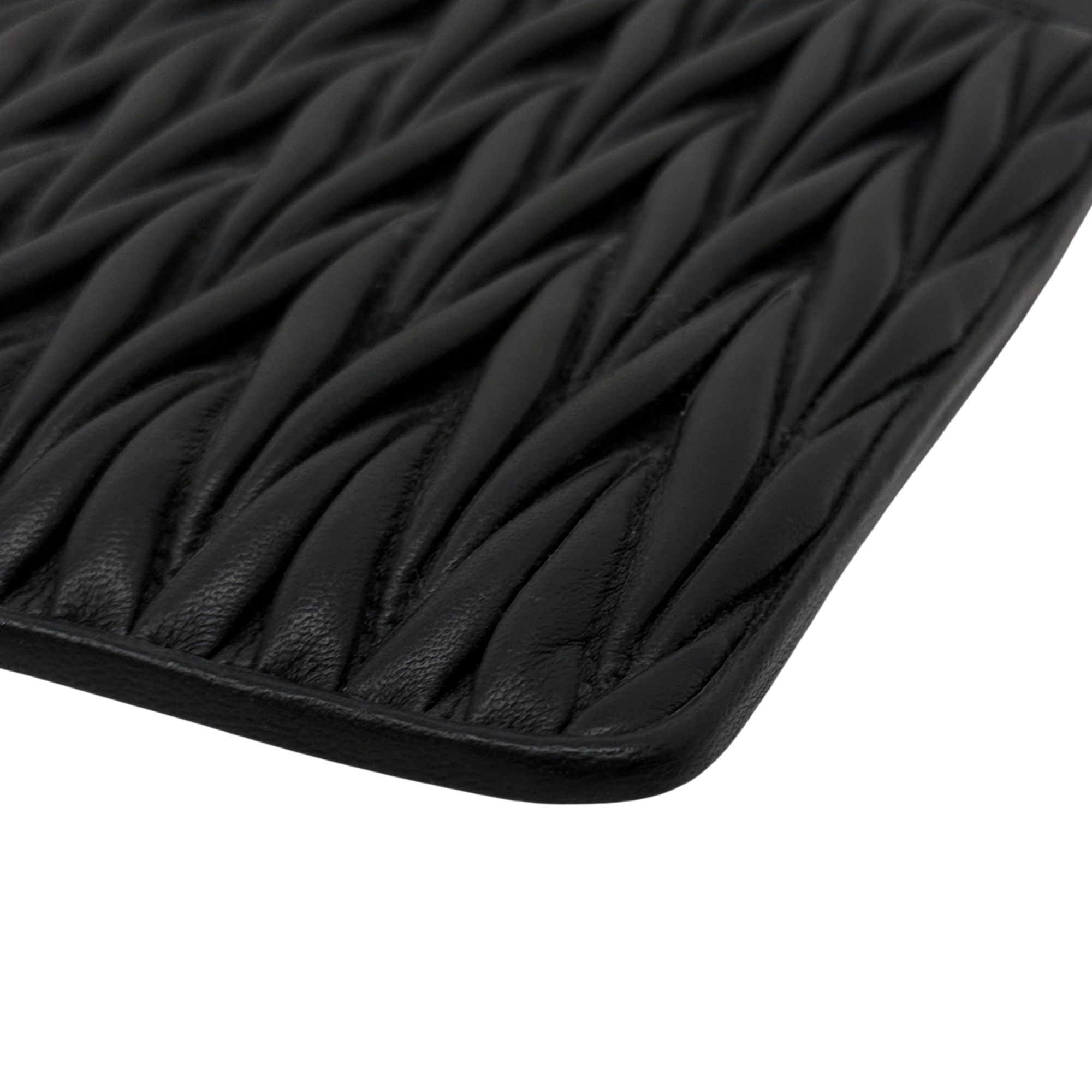 Black leather bag close-up of textured ridges and stitched border