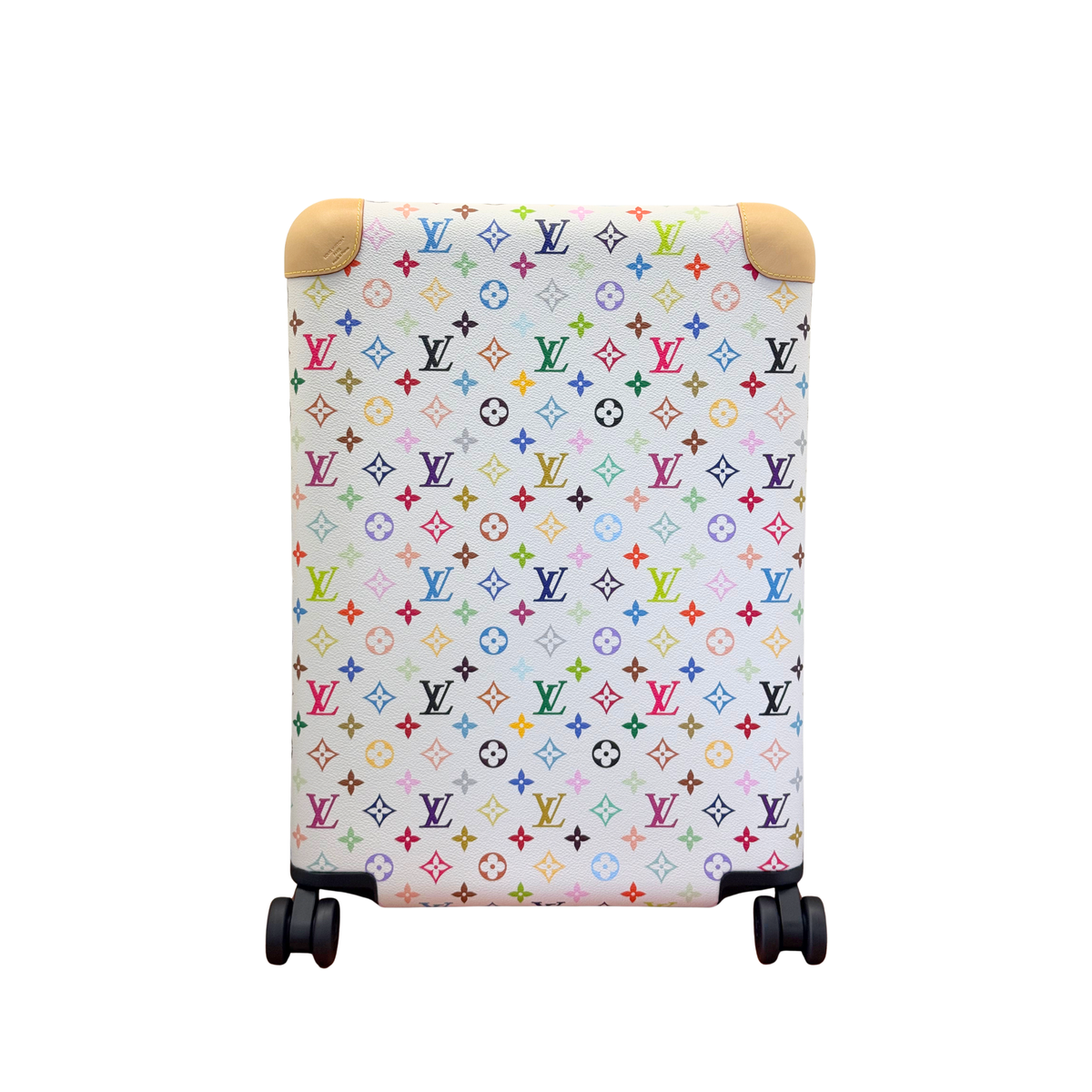 Louis Vuitton monogram suitcase cover with black corner wheels and multicolor pattern