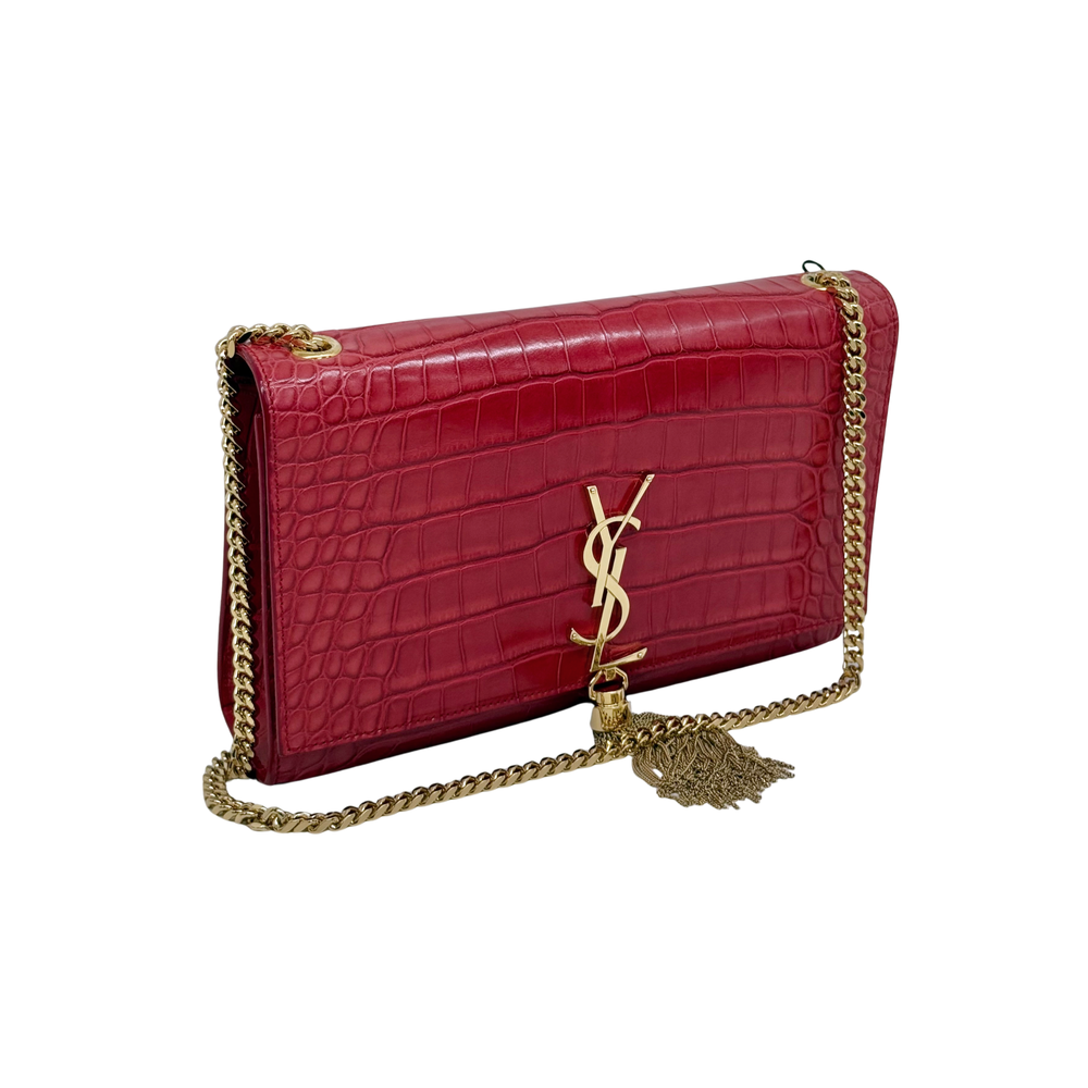 Red crocodile-embossed leather Y-shaped logo flap bag with gold chain and tassel
