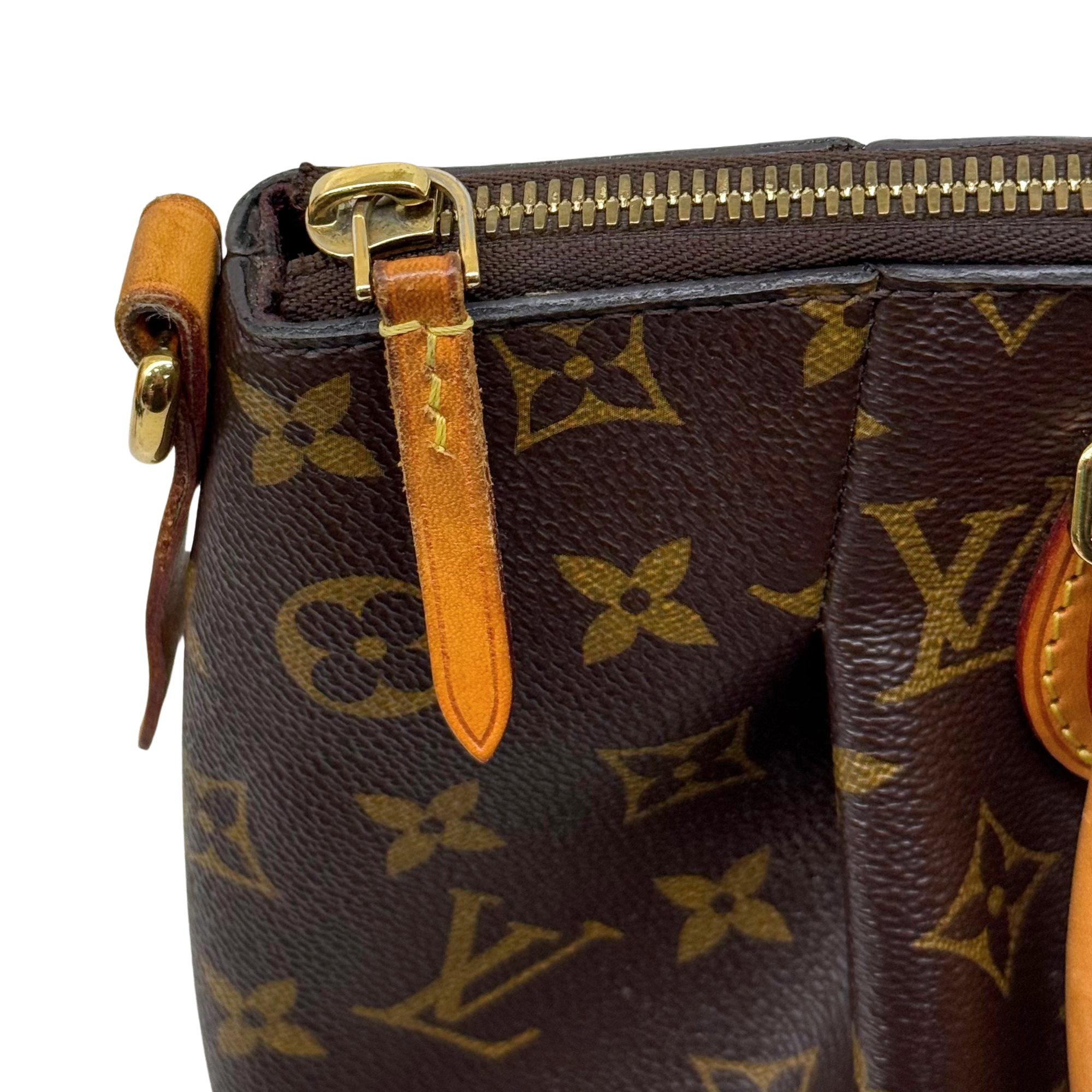 Louis Vuitton monogram handbag close-up of zip pull tab and gold hardware