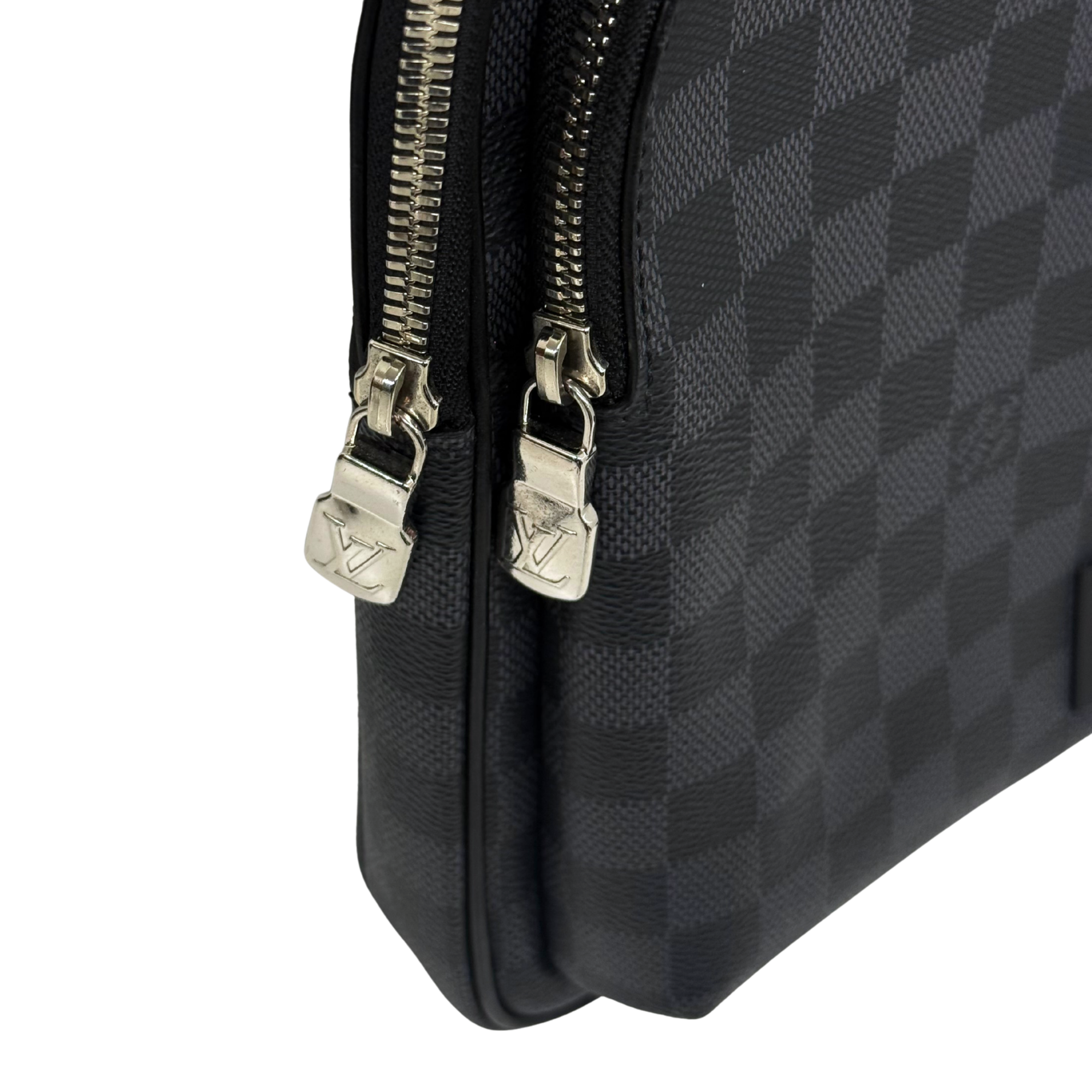 Damier check crossbody bag with two front zipper pulls and metal hardware