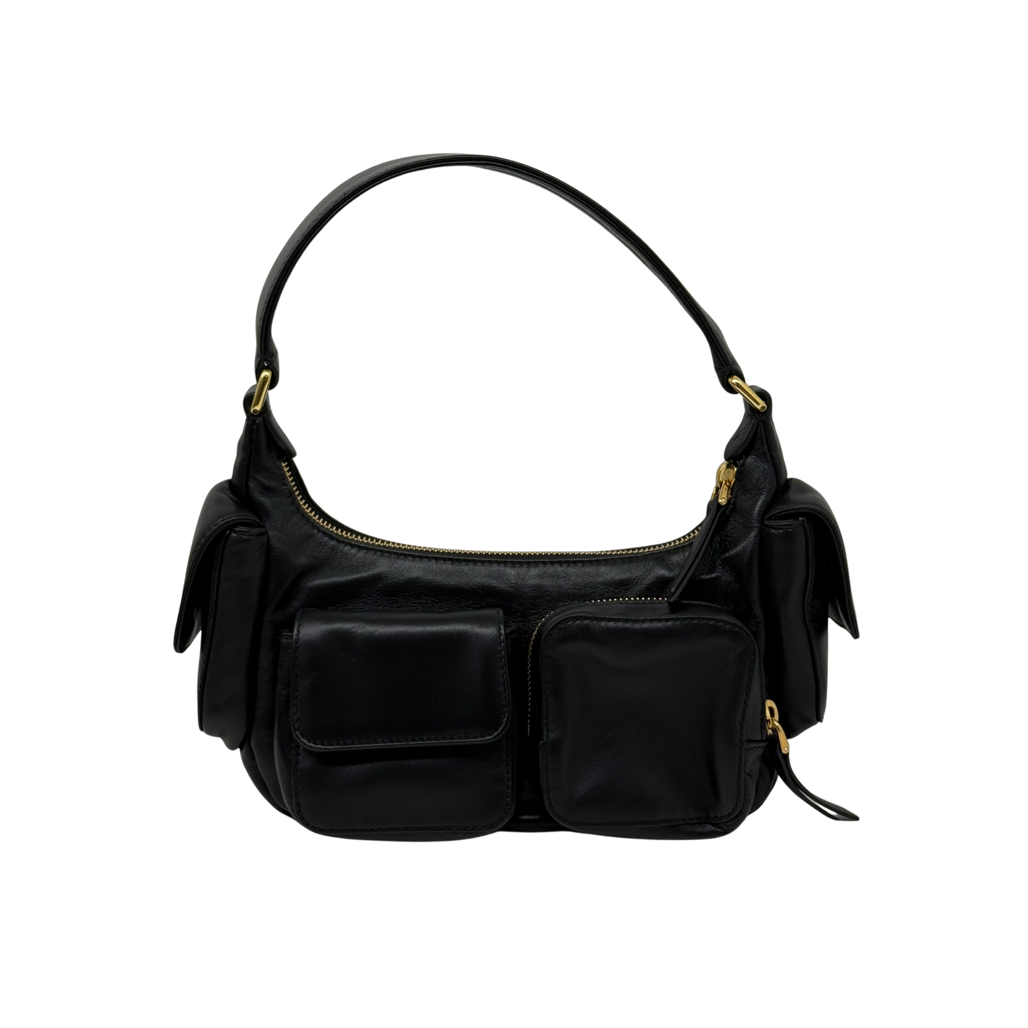 Black leather shoulder bag with two front pockets, gold zipper trim, and top handles