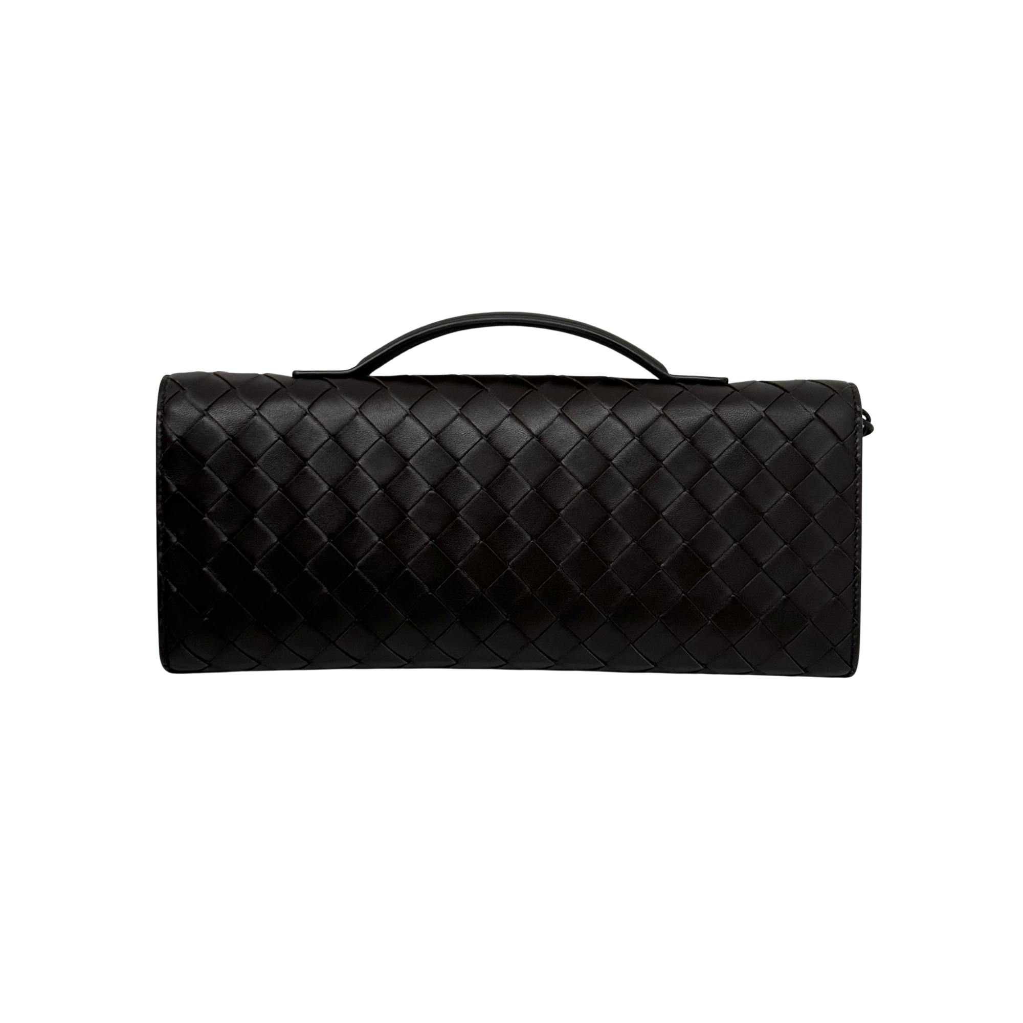 Black woven leather briefcase-style bag with top handle