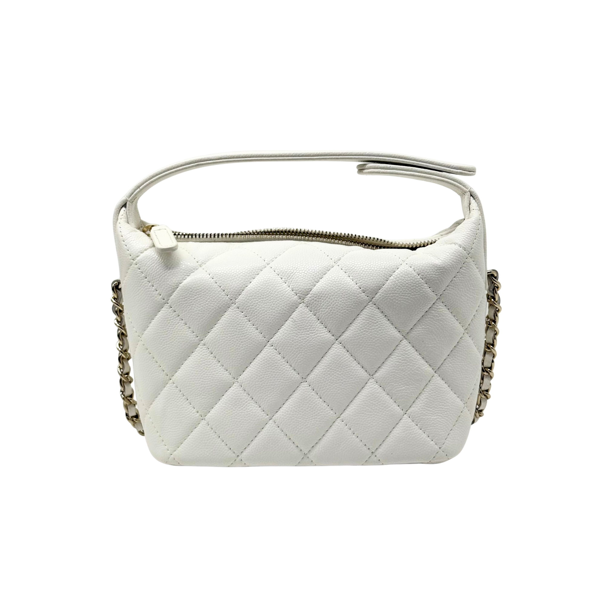 Chanel quilted white shoulder bag with top handle and chain side strap