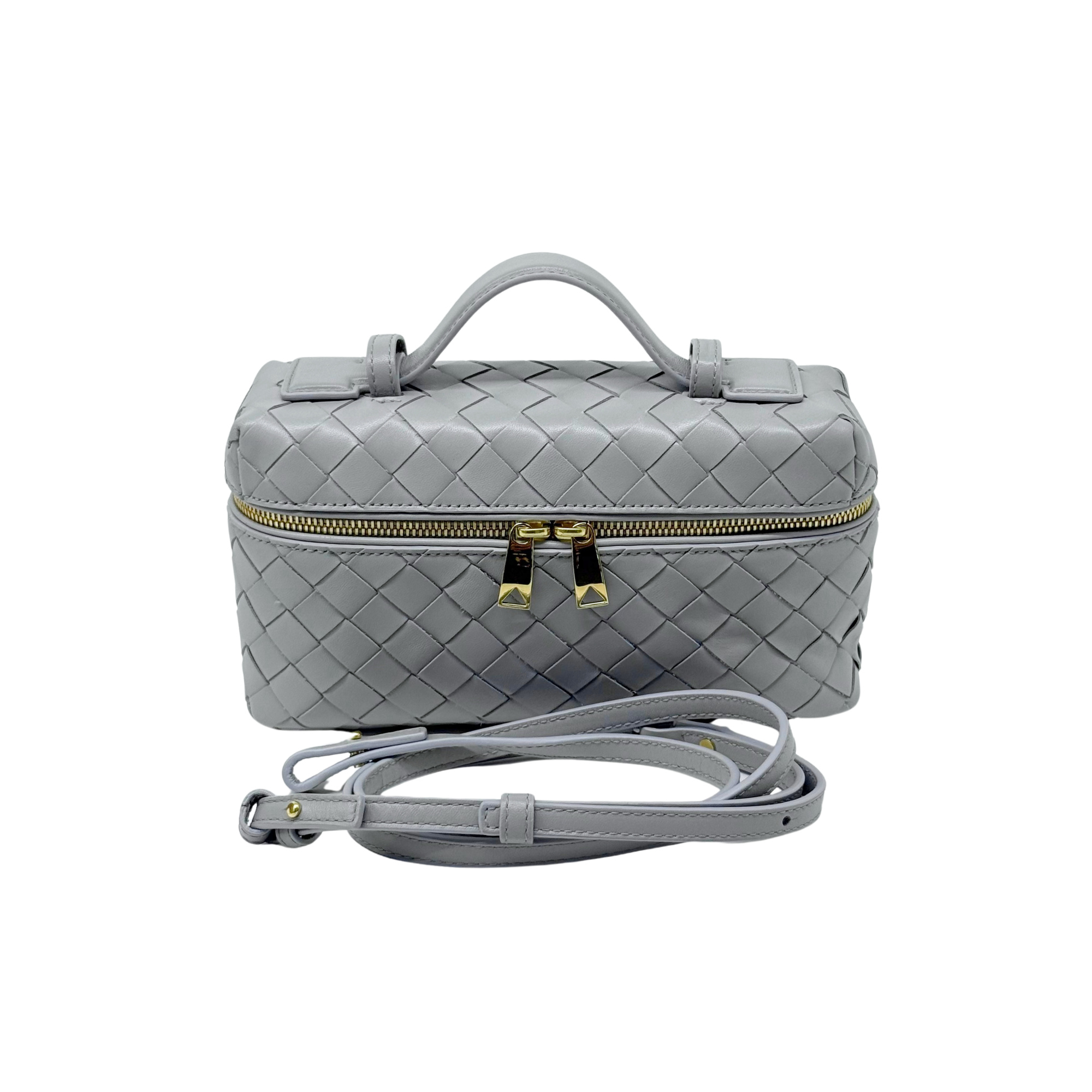 Bottega Veneta gray intrecciato-style leather zip bag with top handle and detachable strap.