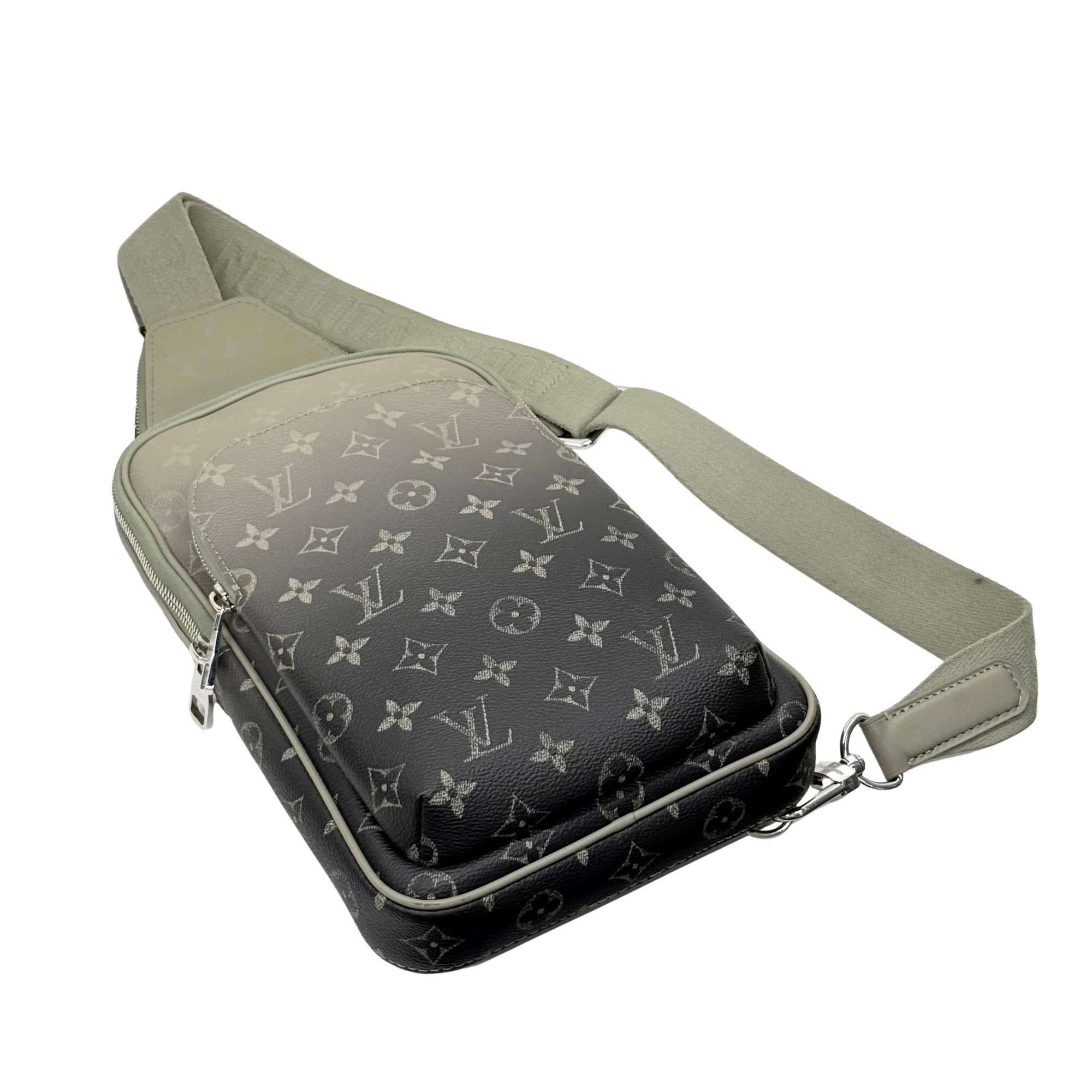 Pre-owned Louis Vuitton monogram crossbody bag with green strap, zip top