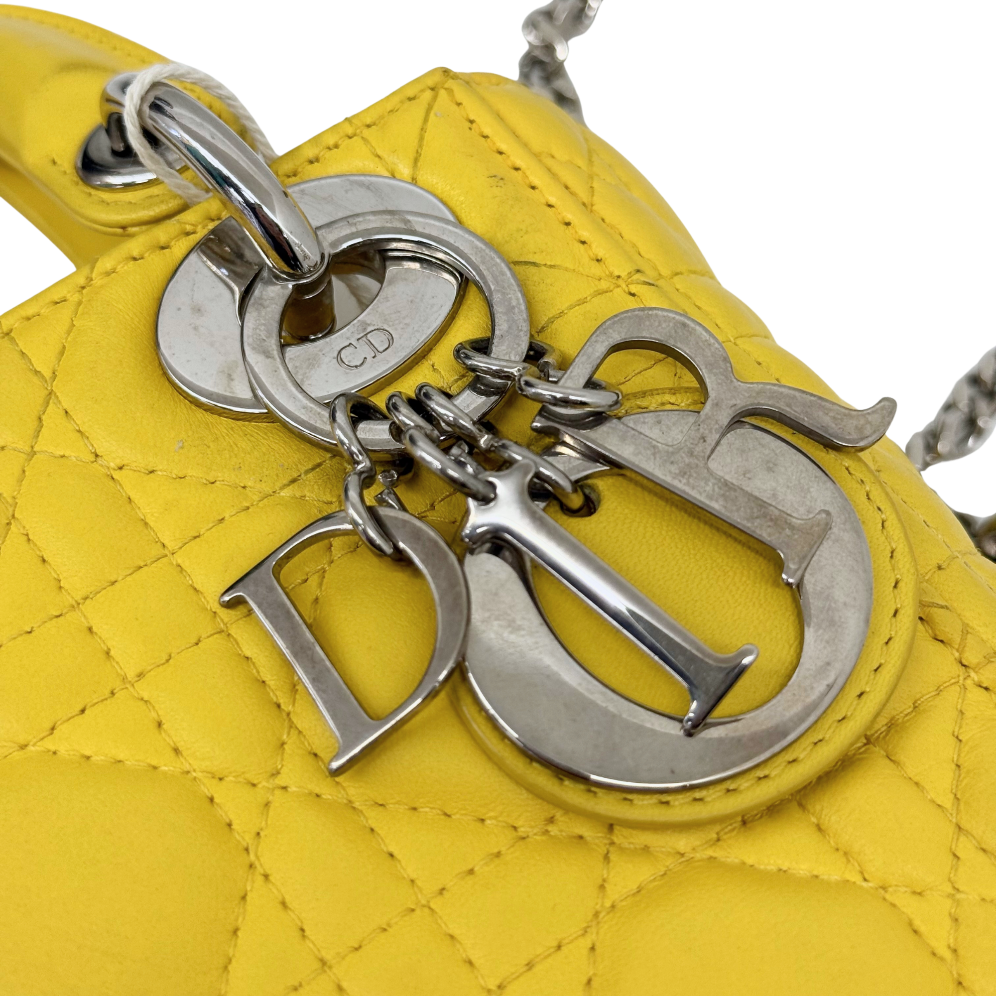 Dior Lady Mini Flap – Cannage Lambskin Yellow Silver Hardware Chain Strap Silver Hardware
 (pre-owned)