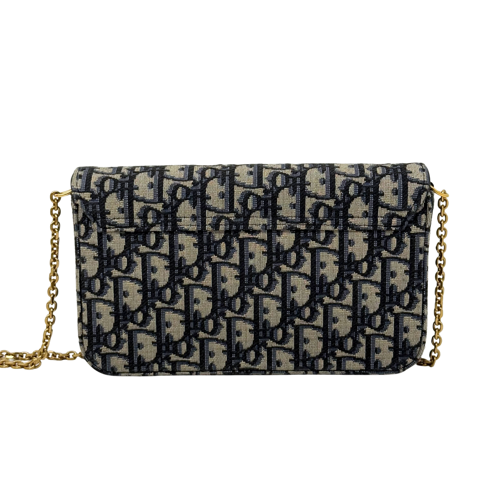 Dior monogram canvas shoulder bag with flap, gold chain strap, and front stitch trim