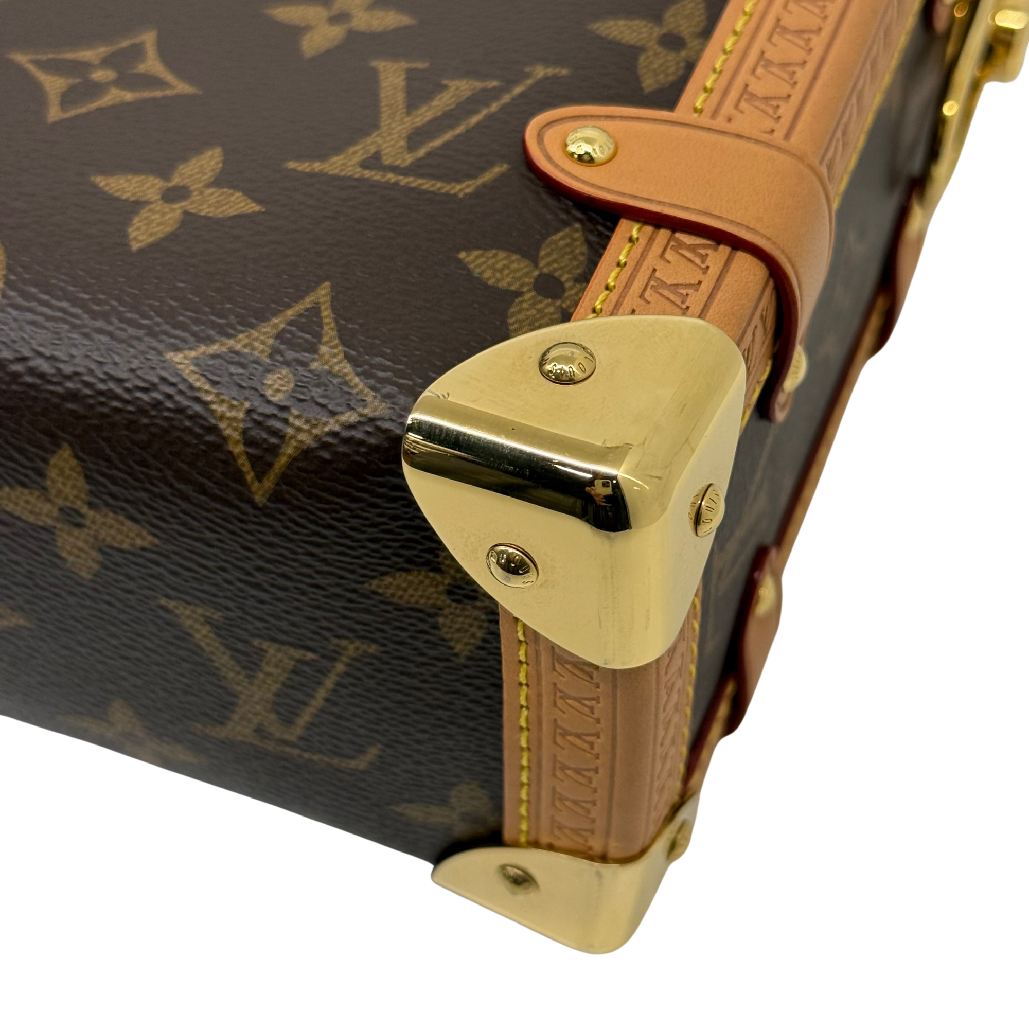 Bottom corner close-up with gold hardware on monogram crossbody bag and tan trim