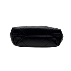 Black quilted mini crossbody bag, back view with smooth top panel and seam details.