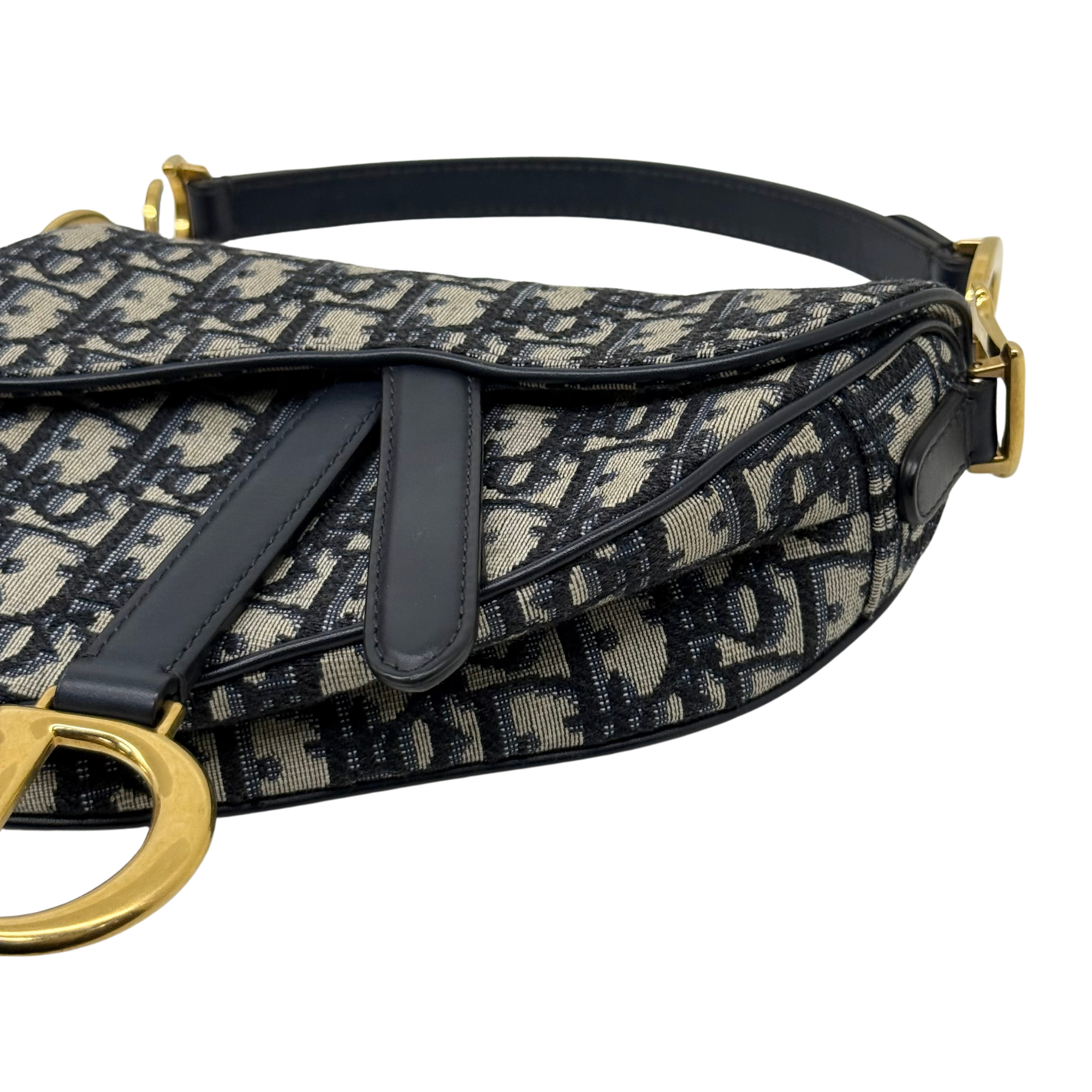 Pre-owned Dior saddle bag with navy and beige monogram canvas and black strap