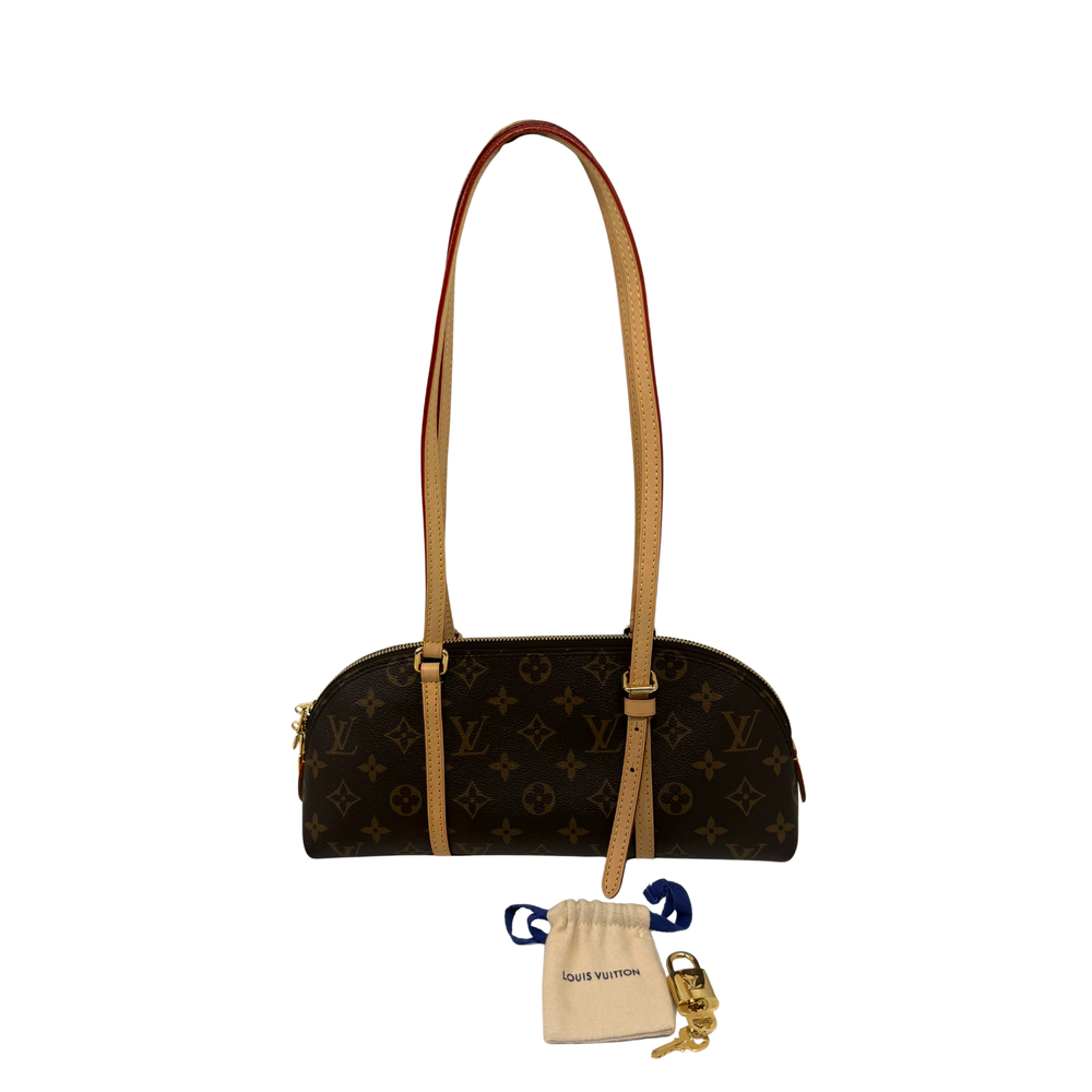 Louis Vuitton monogram shoulder bag with tan strap and matching key pouch