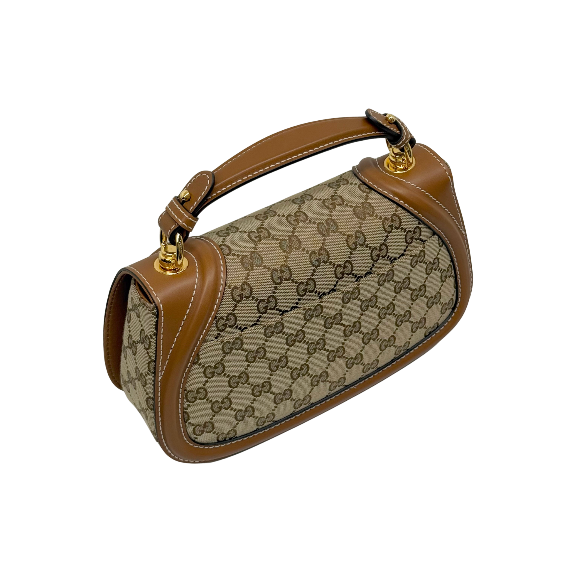 Monogram canvas shoulder bag with tan leather trim and top handle