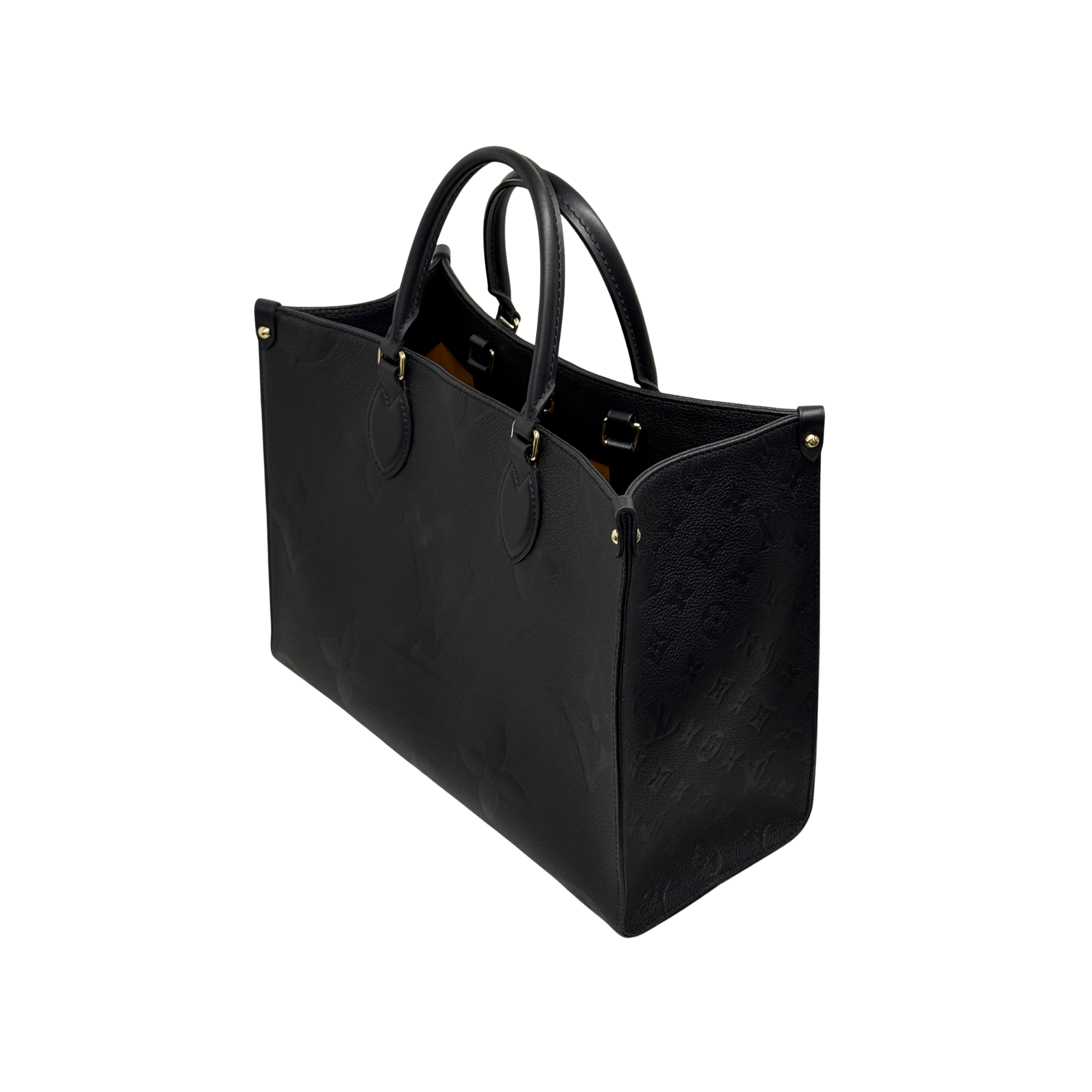 Pre-owned Louis Vuitton black monogram tote bag angled view, structured silhouette, gold hardware