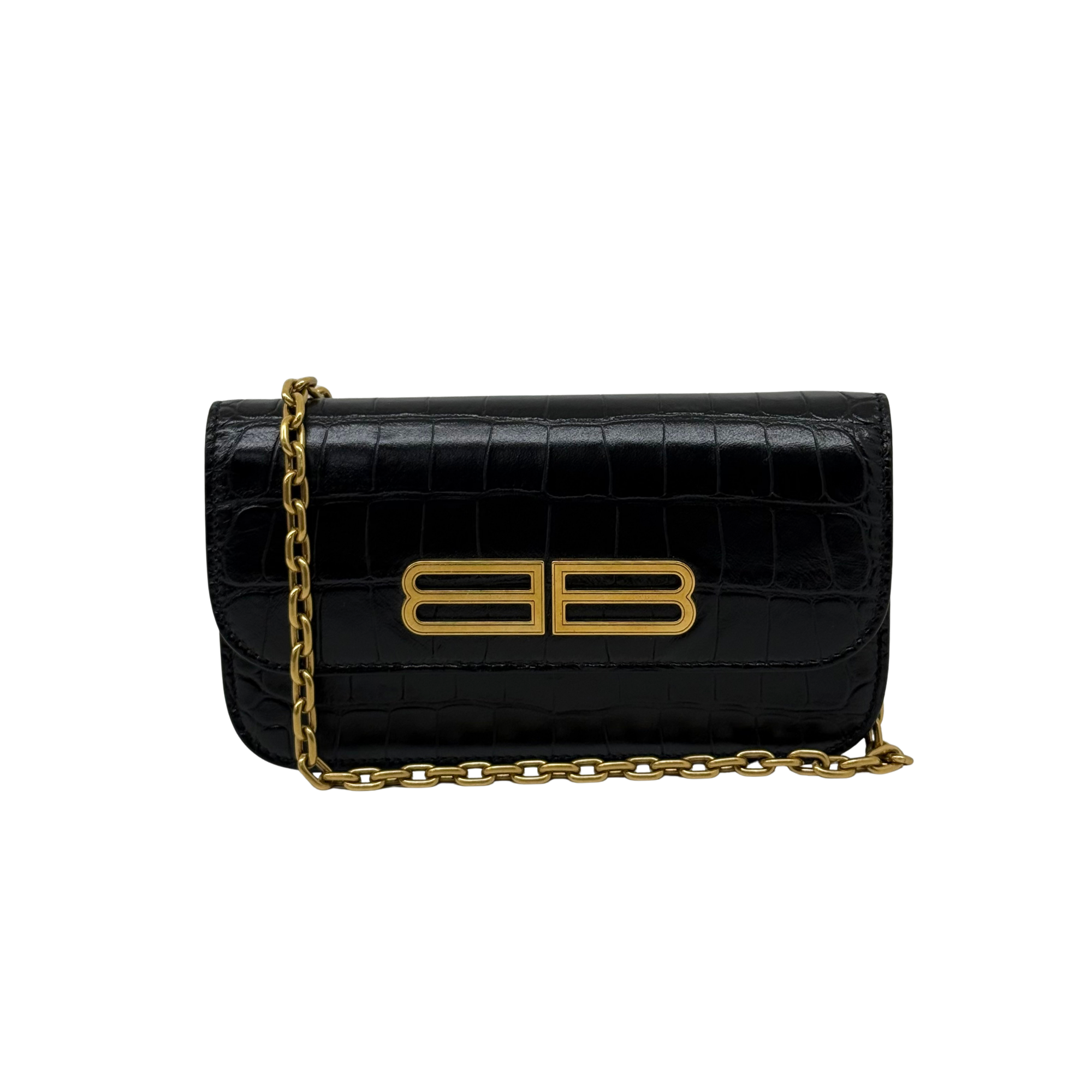 Black croc-embossed flap shoulder bag with gold BB logo and chain strap