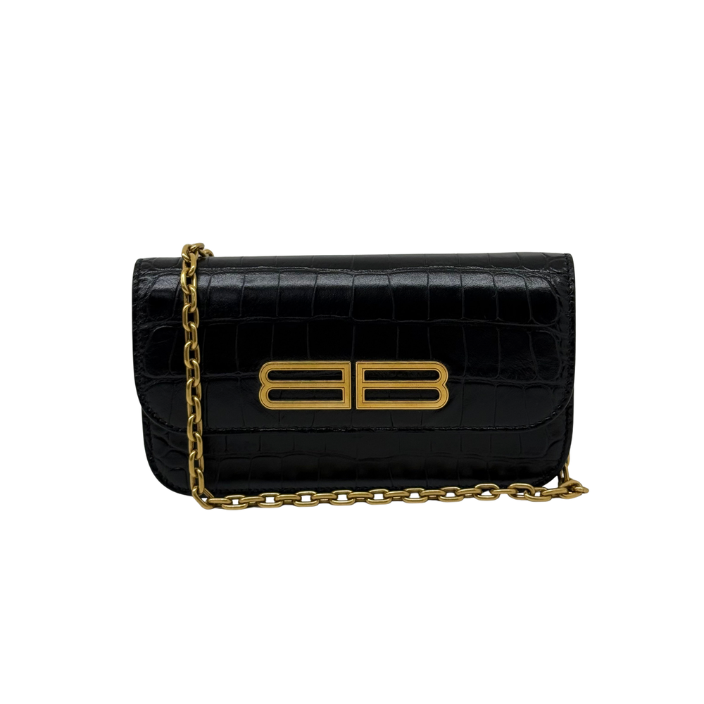 Black croc-embossed flap shoulder bag with gold BB logo and chain strap
