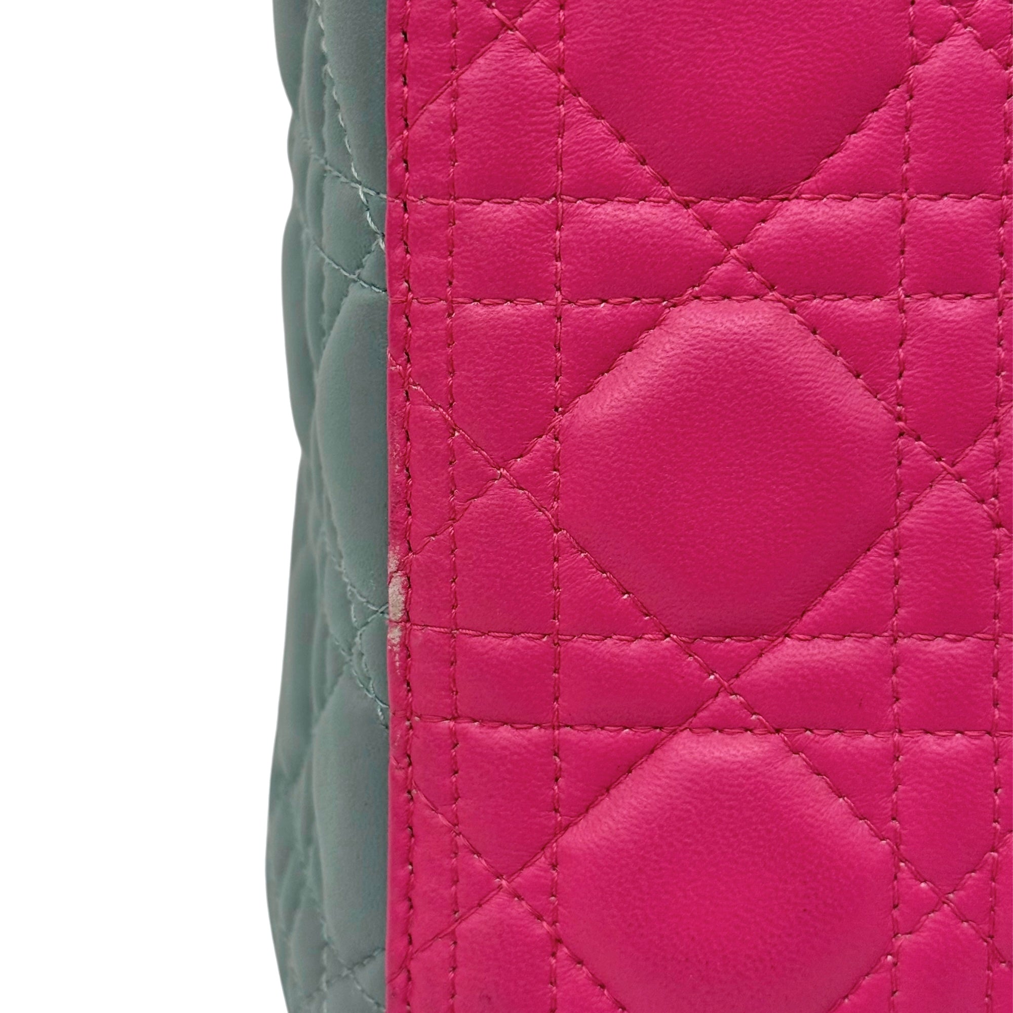 Quilted pink and gray leather tote bag side with diamond stitching and textured finish