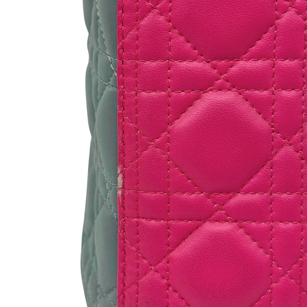 Quilted pink and gray leather tote bag side with diamond stitching and textured finish