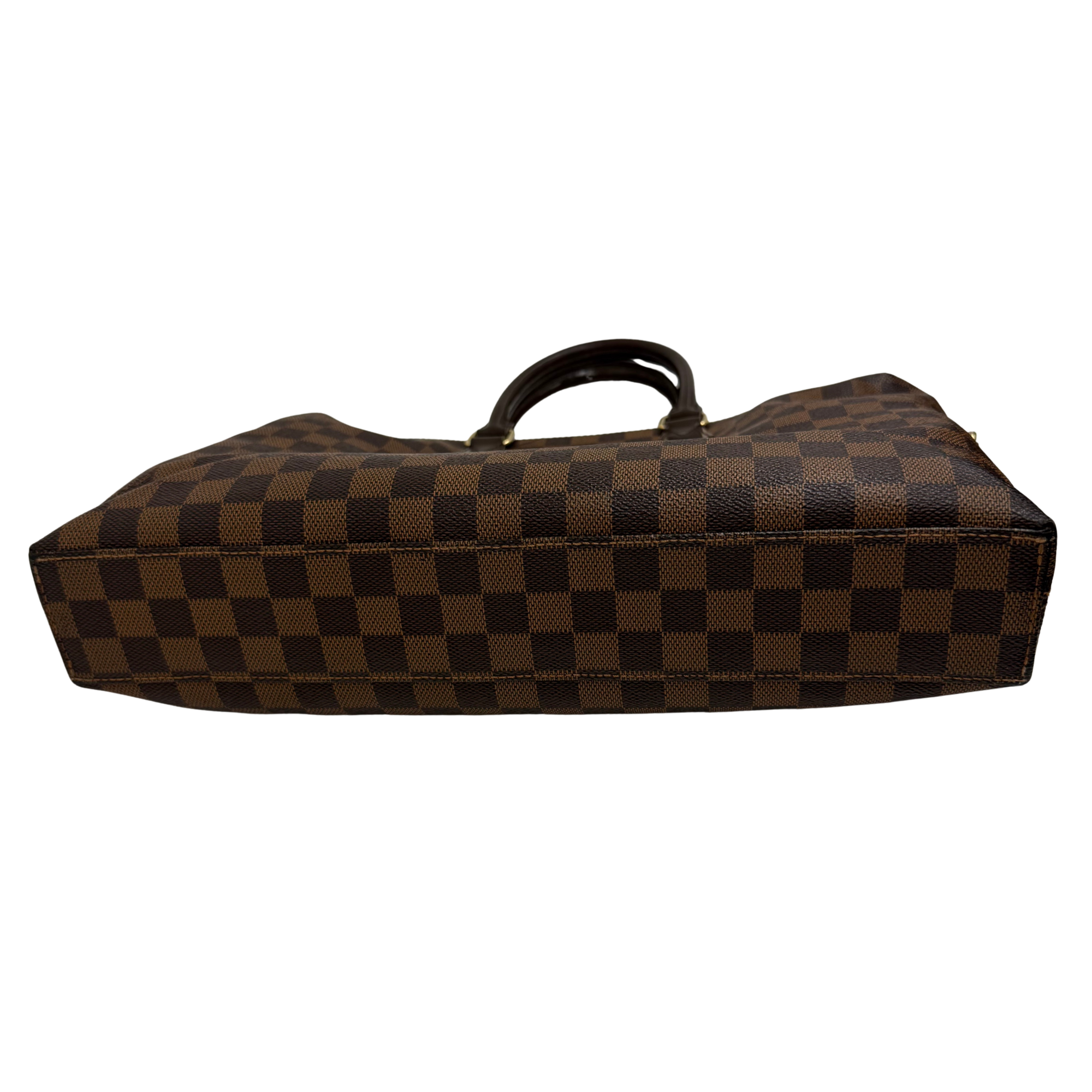 Pre-owned Louis Vuitton checkered handbag on its side with top handle and long profile