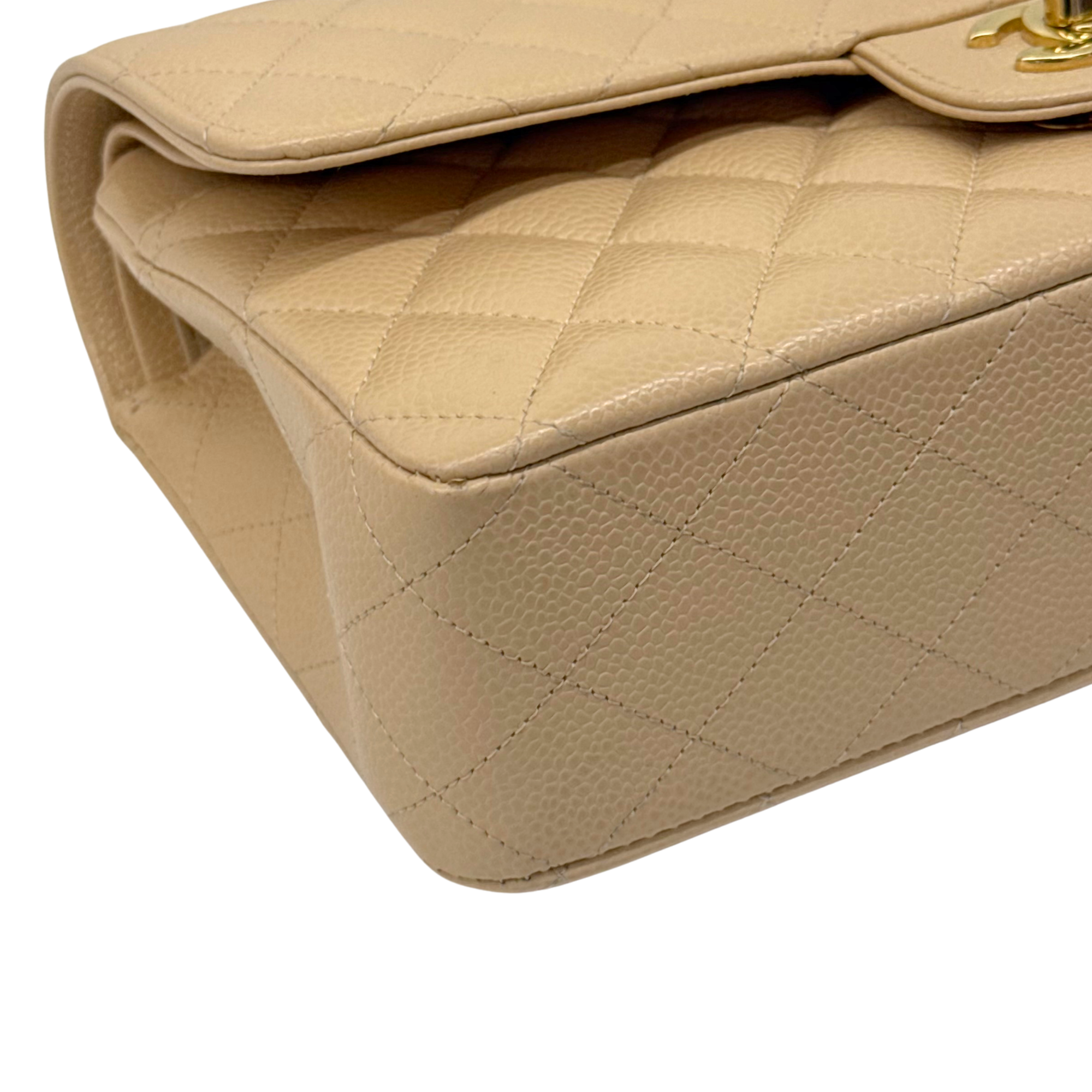 Chanel Beige Quilted Caviar Leather Medium Classic Double Flap Bag microchipped (pre-owned)