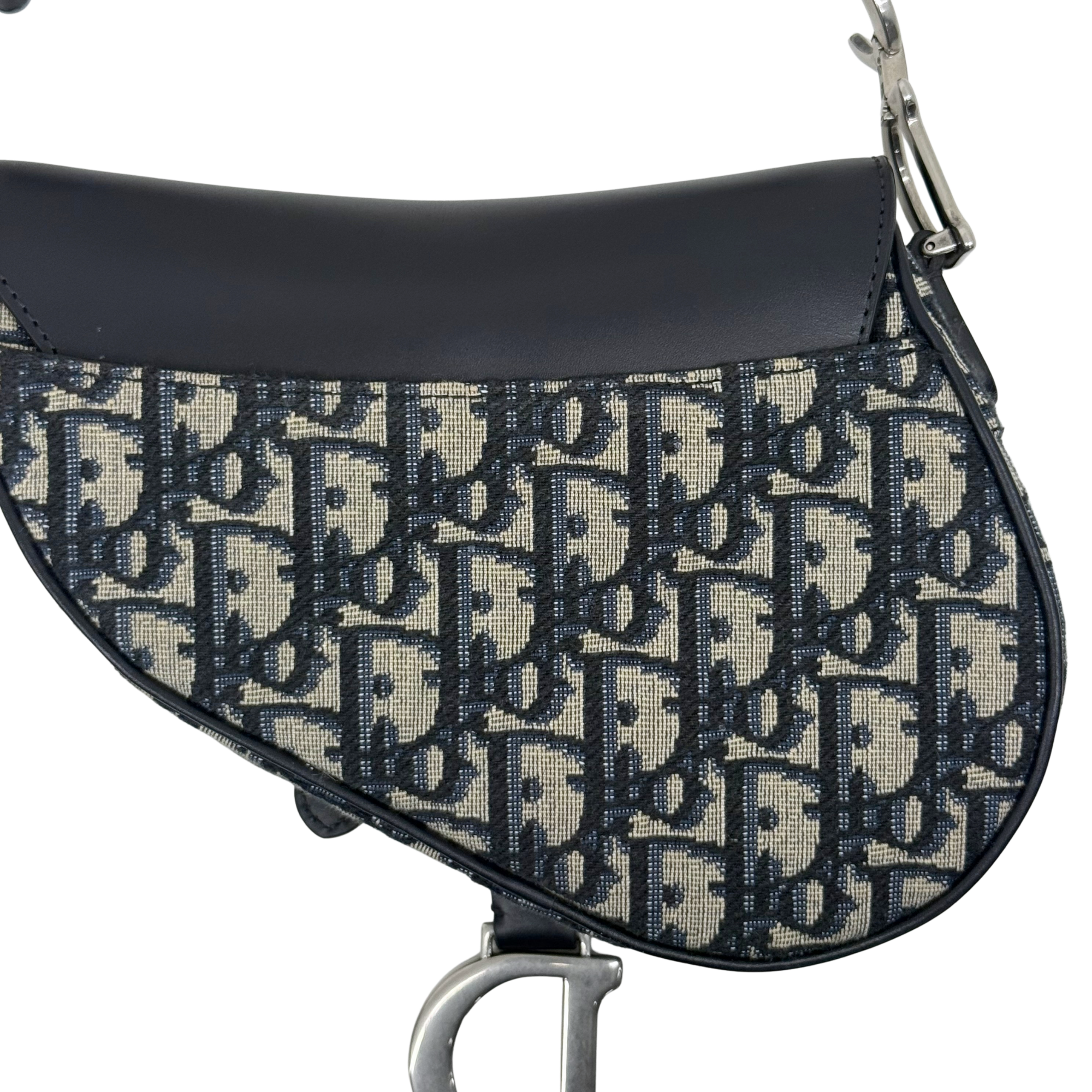 Pre-owned Dior saddle bag front panel in navy and beige monogram pattern with black edging