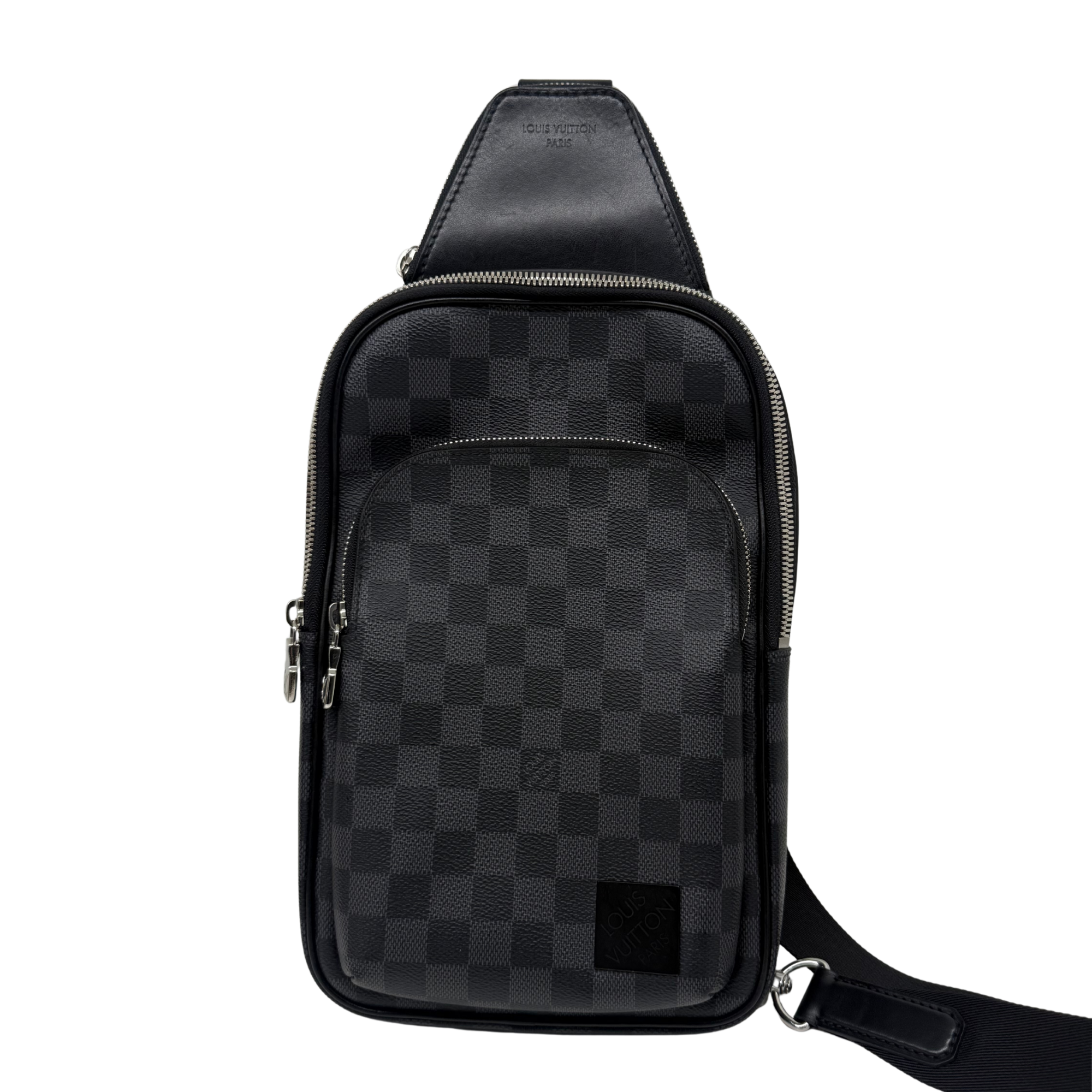 Damier check crossbody bag front view with zip pocket and shoulder strap