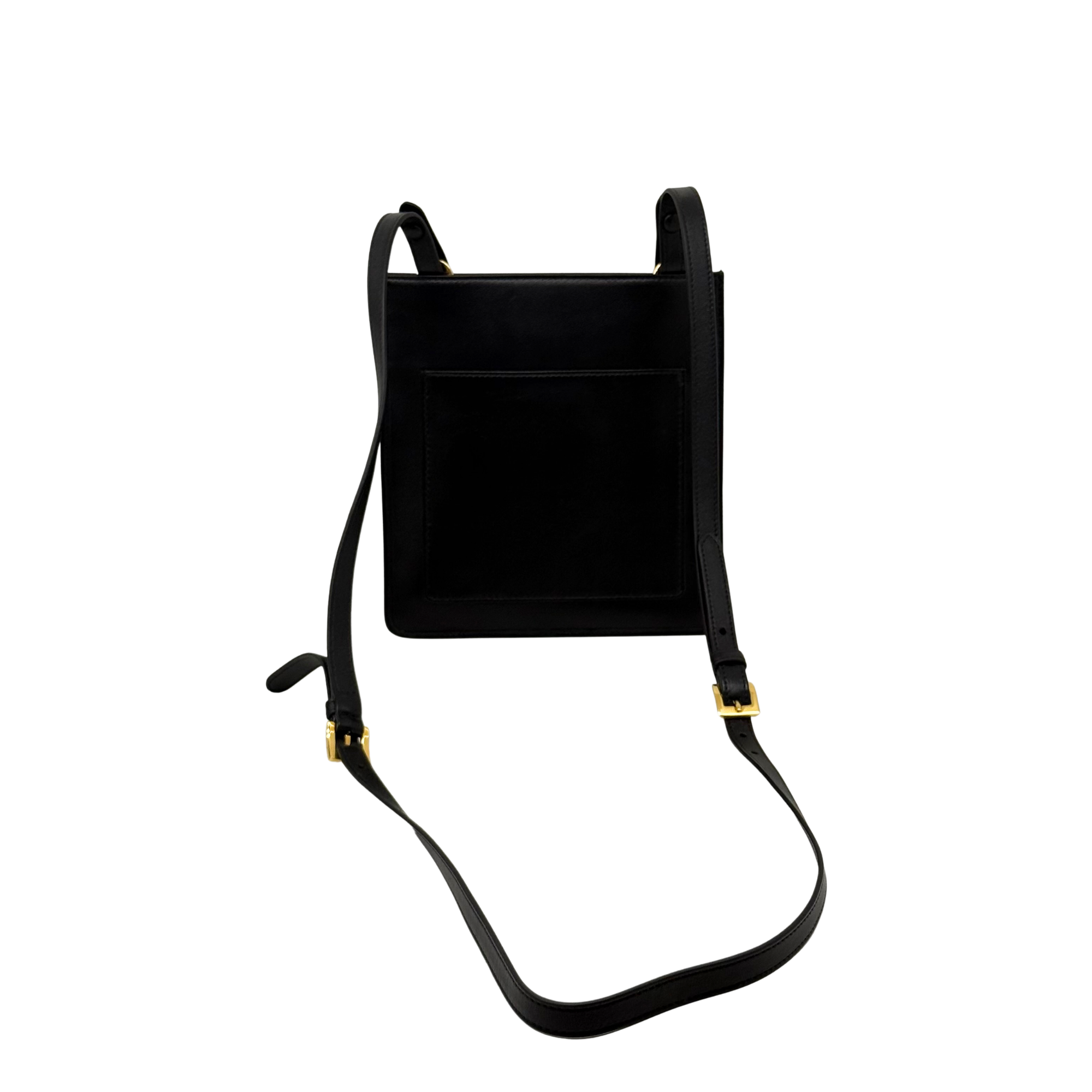 Black mini crossbody bag with top handles, adjustable strap, and gold-toned buckles