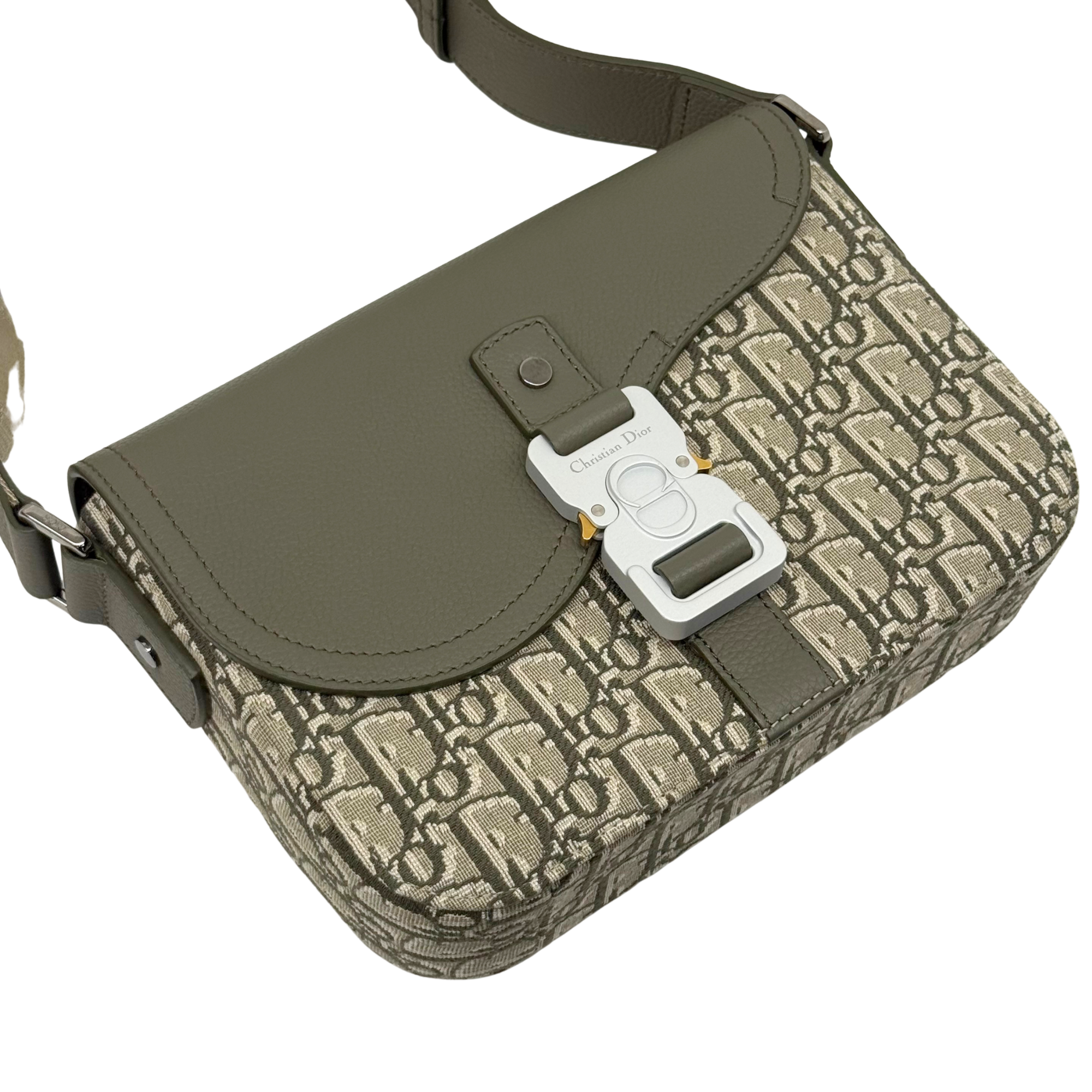 Dior crossbody bag with olive flap and beige monogram body, front view