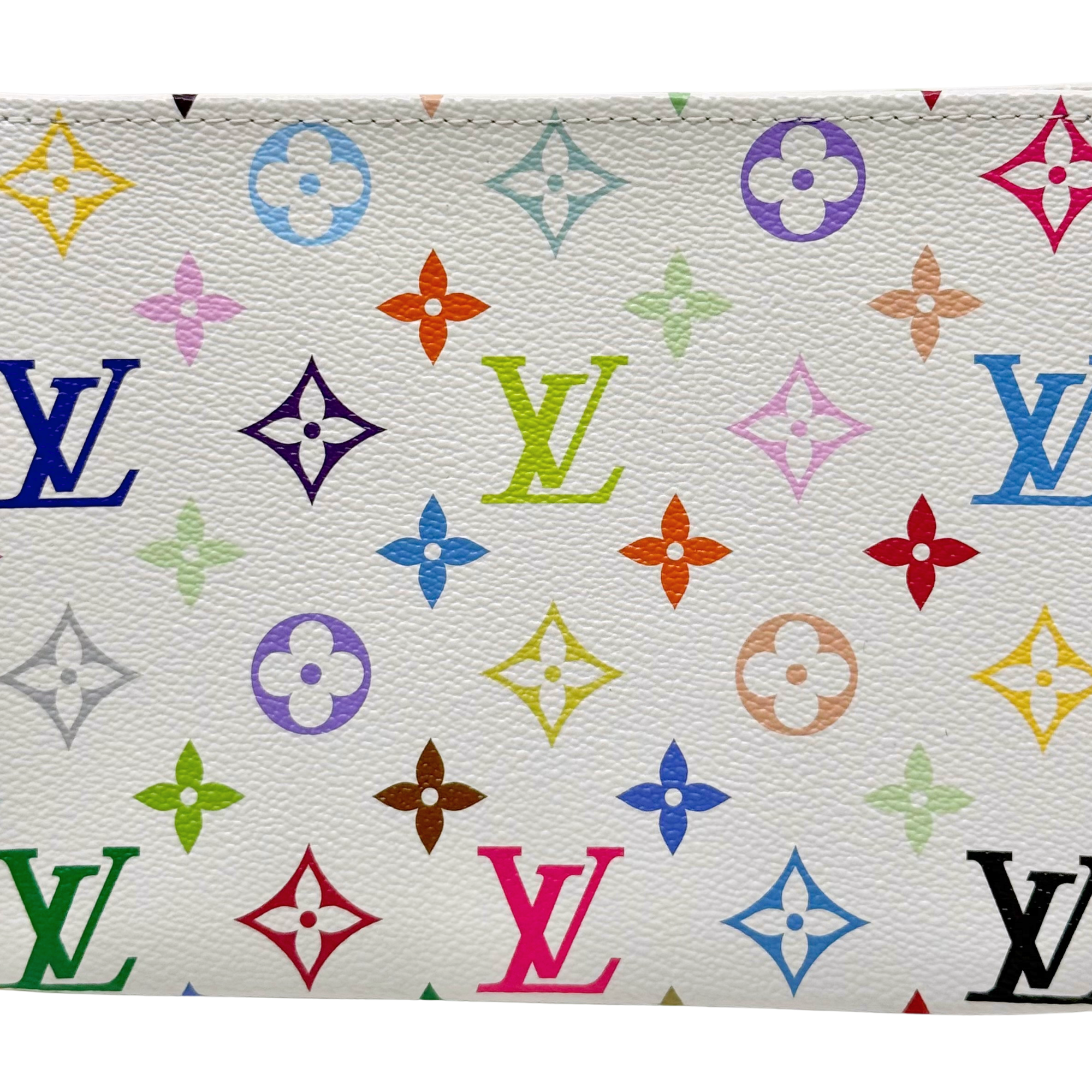 Louis Vuitton pouch close-up of multicolor monogram and butterfly print on white canvas