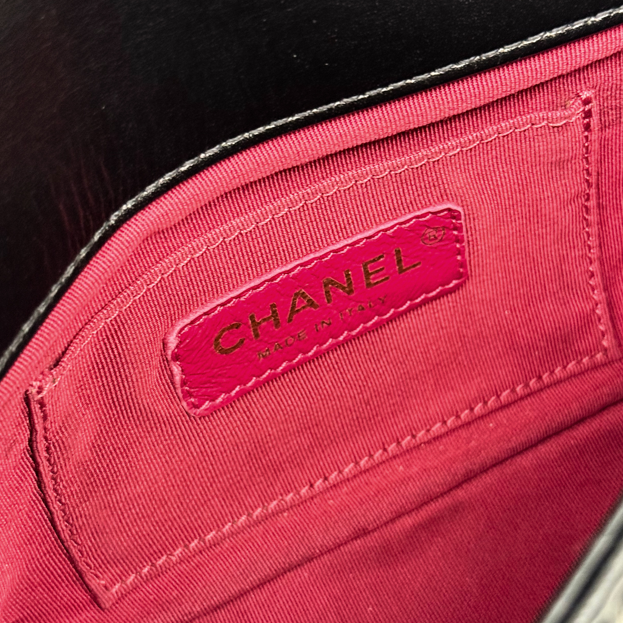 Chanel black bag with pearl strap