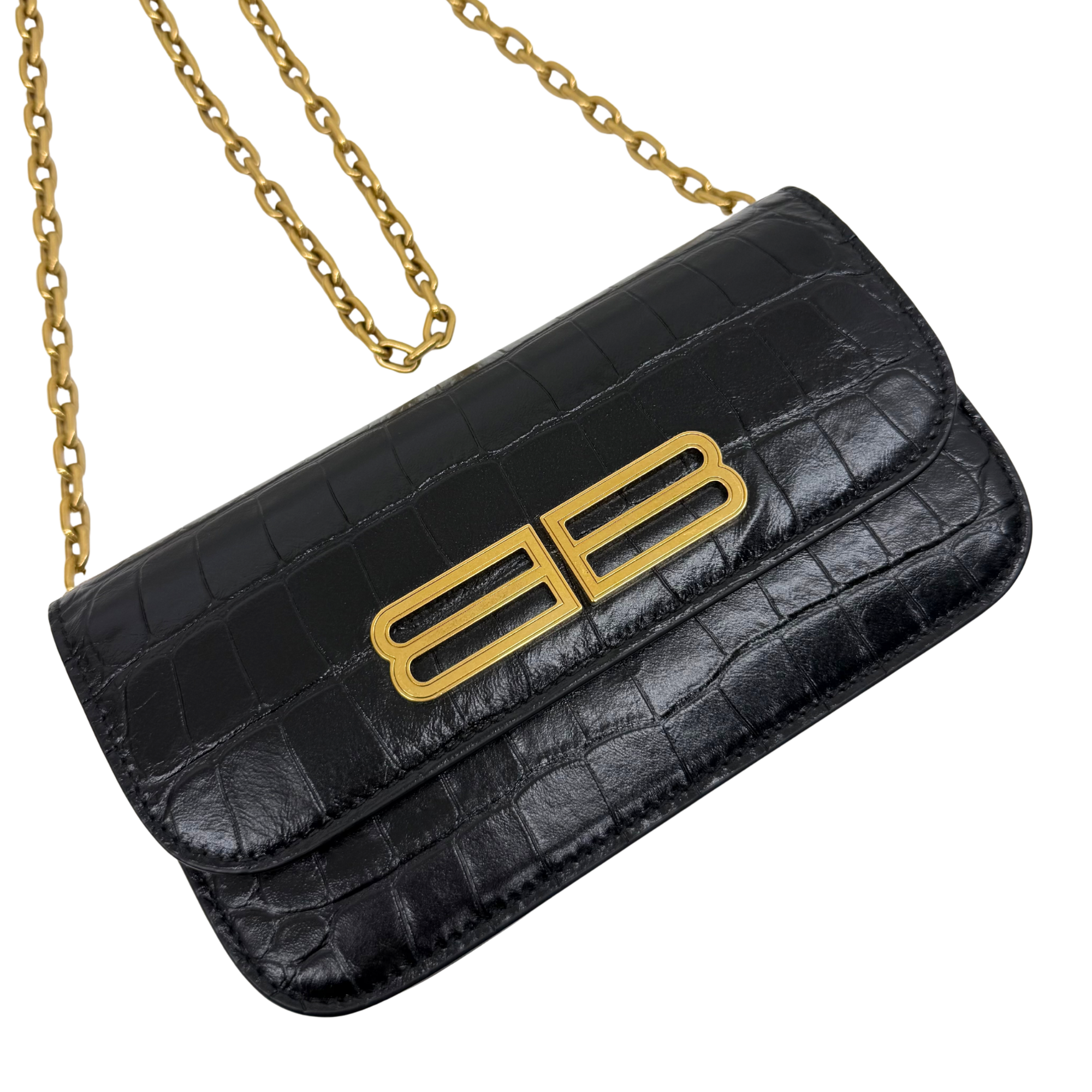 Black croc-embossed leather shoulder bag with gold B logo and chain strap, flap closure.