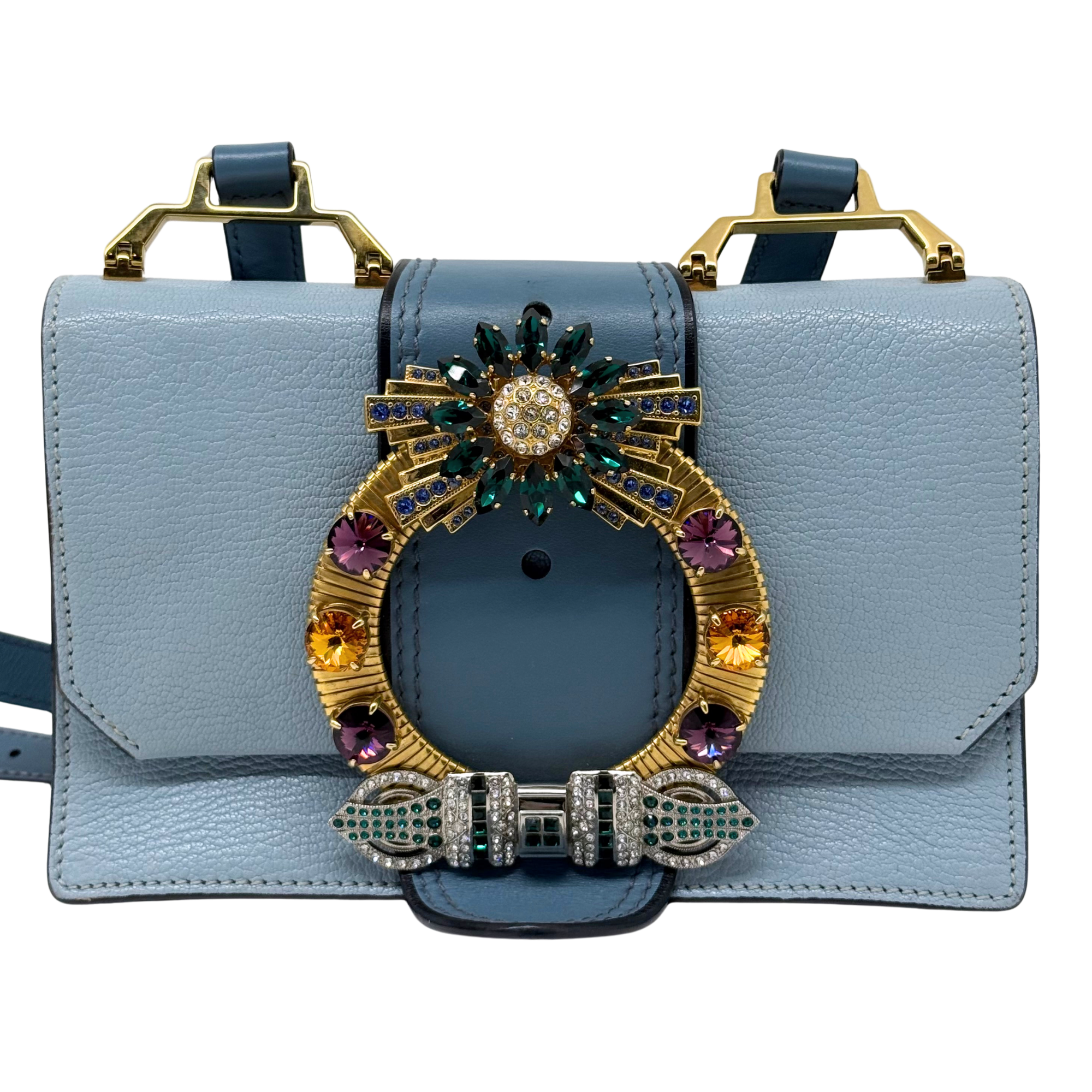 Pre-owned Miu Miu mini handbag in light blue leather with jeweled front clasp