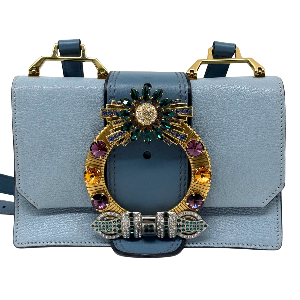 Pre-owned Miu Miu mini handbag in light blue leather with jeweled front clasp