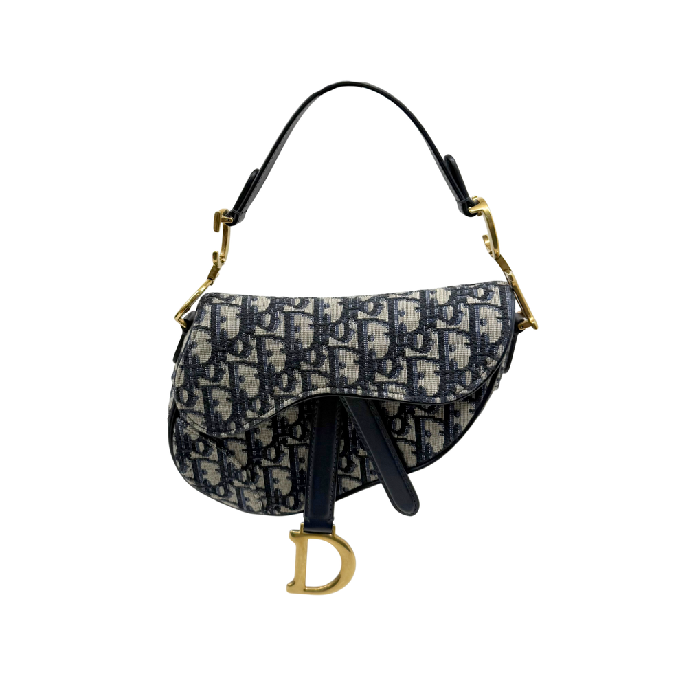 Dior monogram crossbody bag, flap top and strap, navy pattern, gold-tone D charm