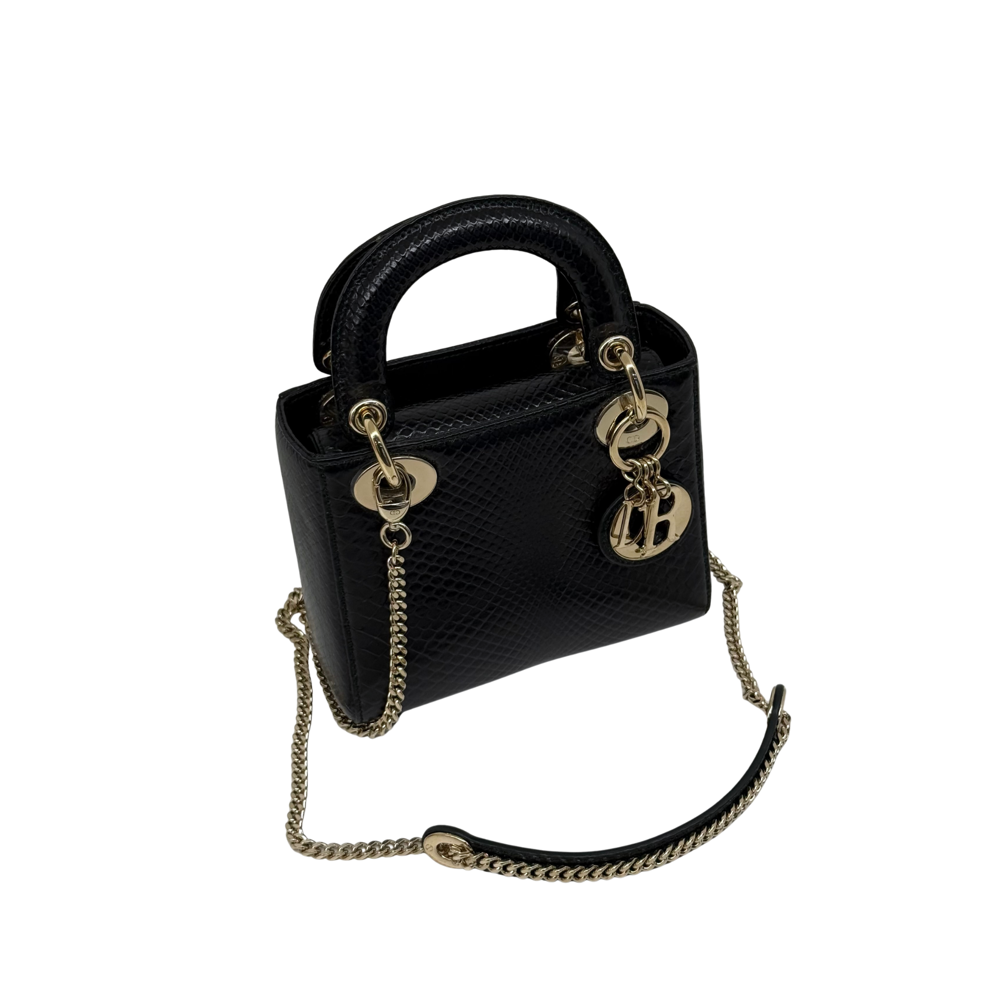 Christian Dior Black Shiny Snakeskin Lady Dior Mini Bag (pre-owned)
