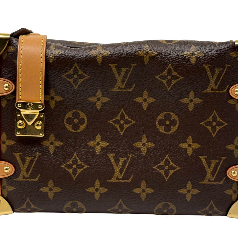 Louis Vuitton monogram canvas close-up with tan leather trim and brass snap tab