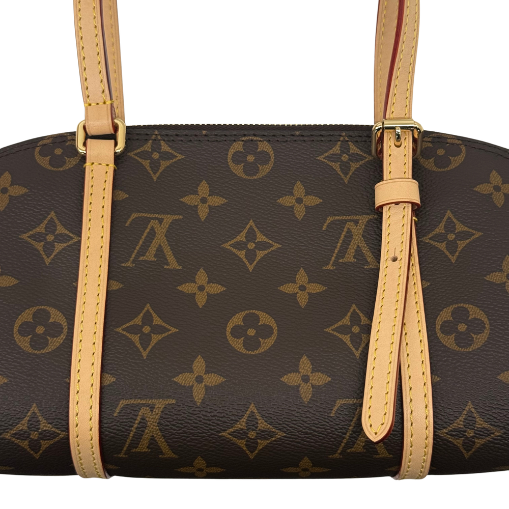 Louis Vuitton pre-owned monogram barrel handbag, two tan handles on dark brown leather