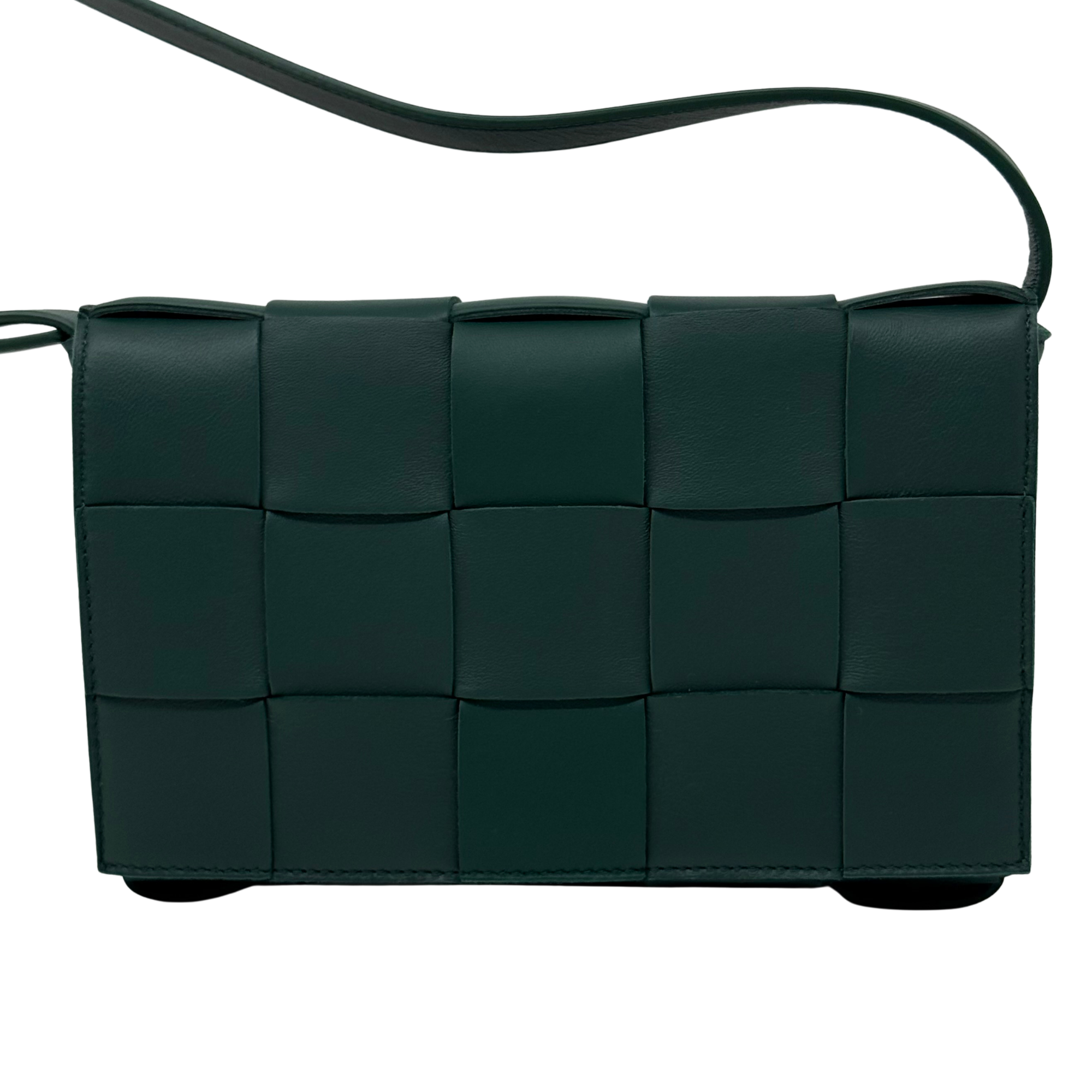 Dark green quilted leather shoulder bag with woven square panel design and long strap