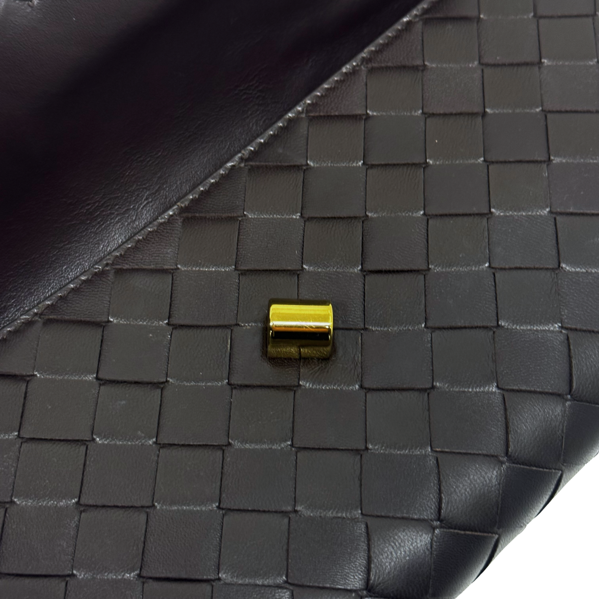 Gold-tone clasp on black woven leather panel