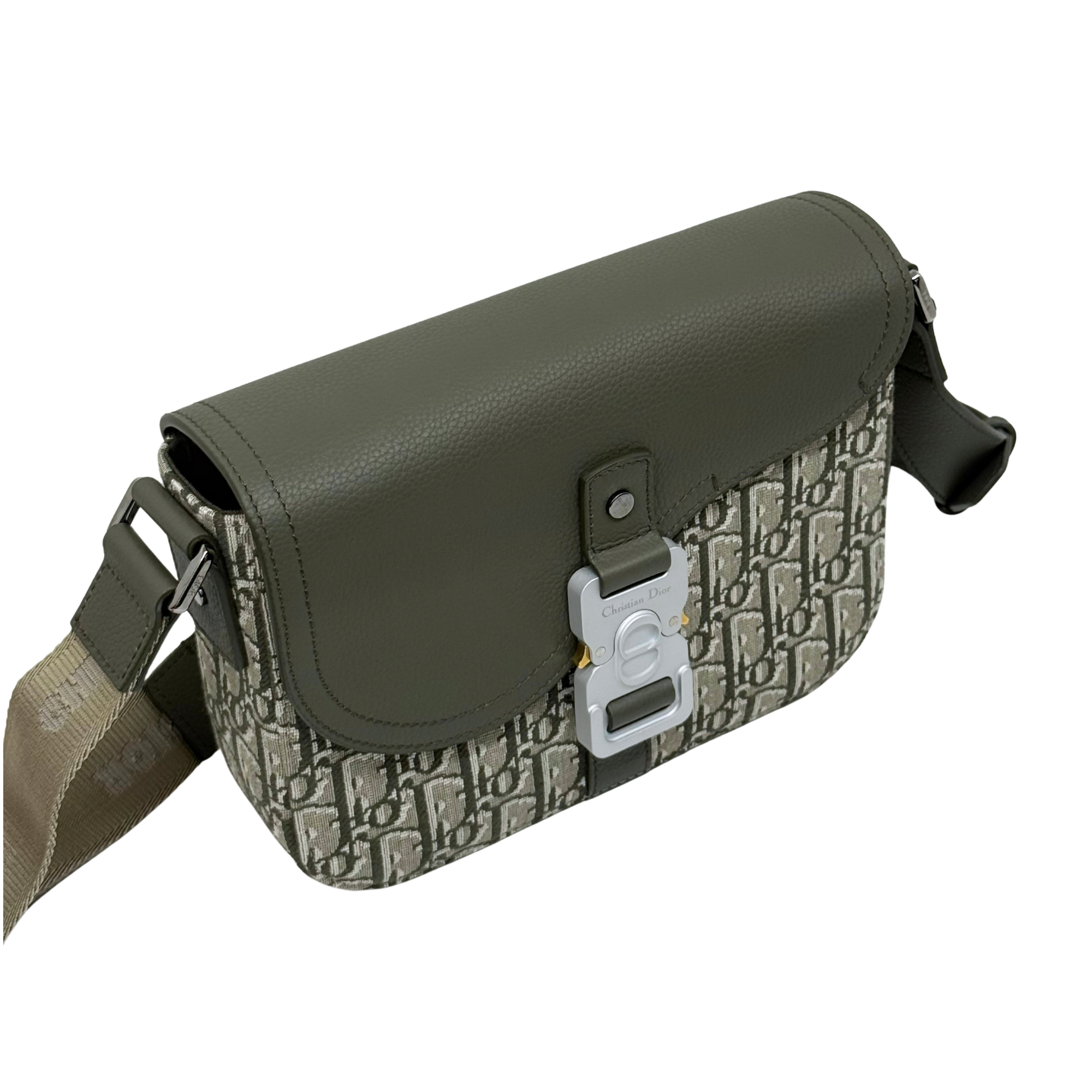 Dior crossbody bag with olive flap and beige monogram canvas, side view