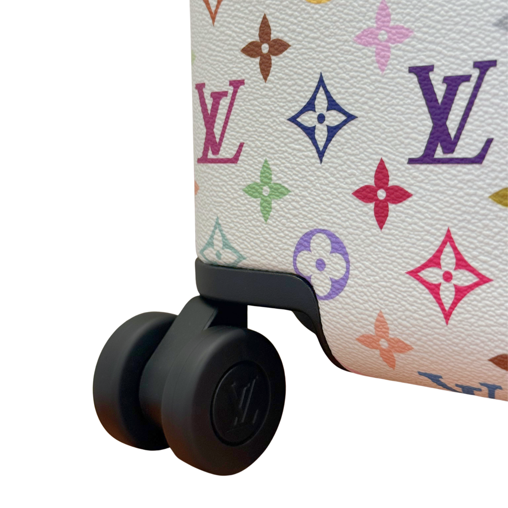 Louis Vuitton monogram suitcase cover with black wheel and multicolor pattern