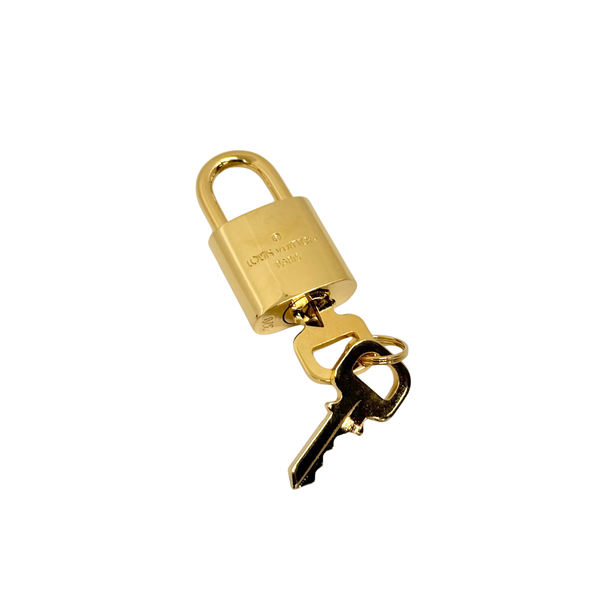 Gold padlock key set with Louis Vuitton logo and two metal keys
