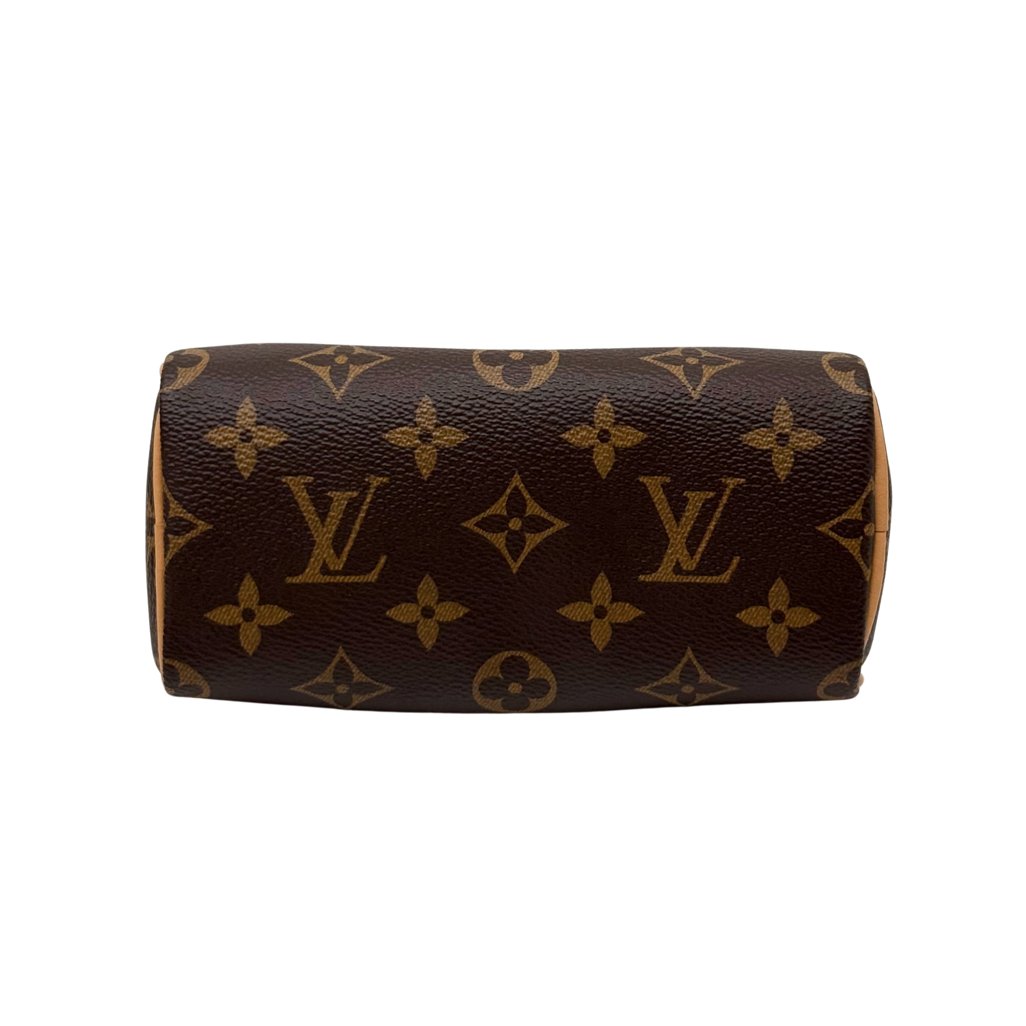 Louis Vuitton monogram canvas handbag back panel with repeating floral and LV motifs