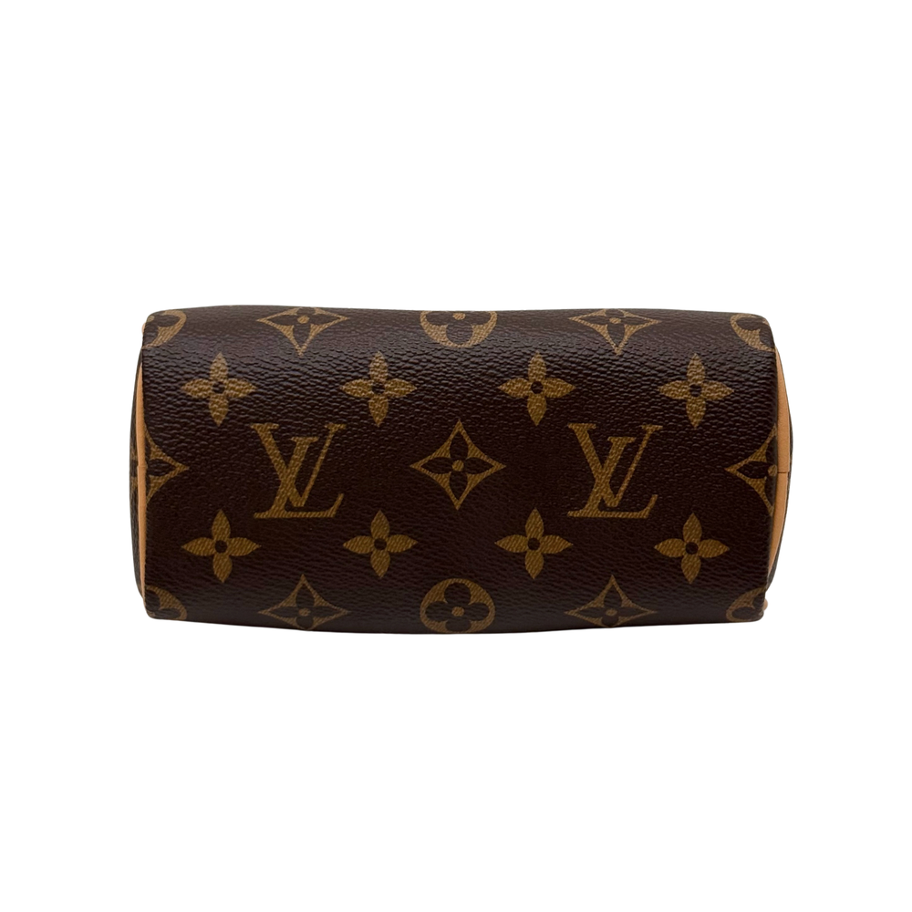 Louis Vuitton monogram canvas handbag back panel with repeating floral and LV motifs