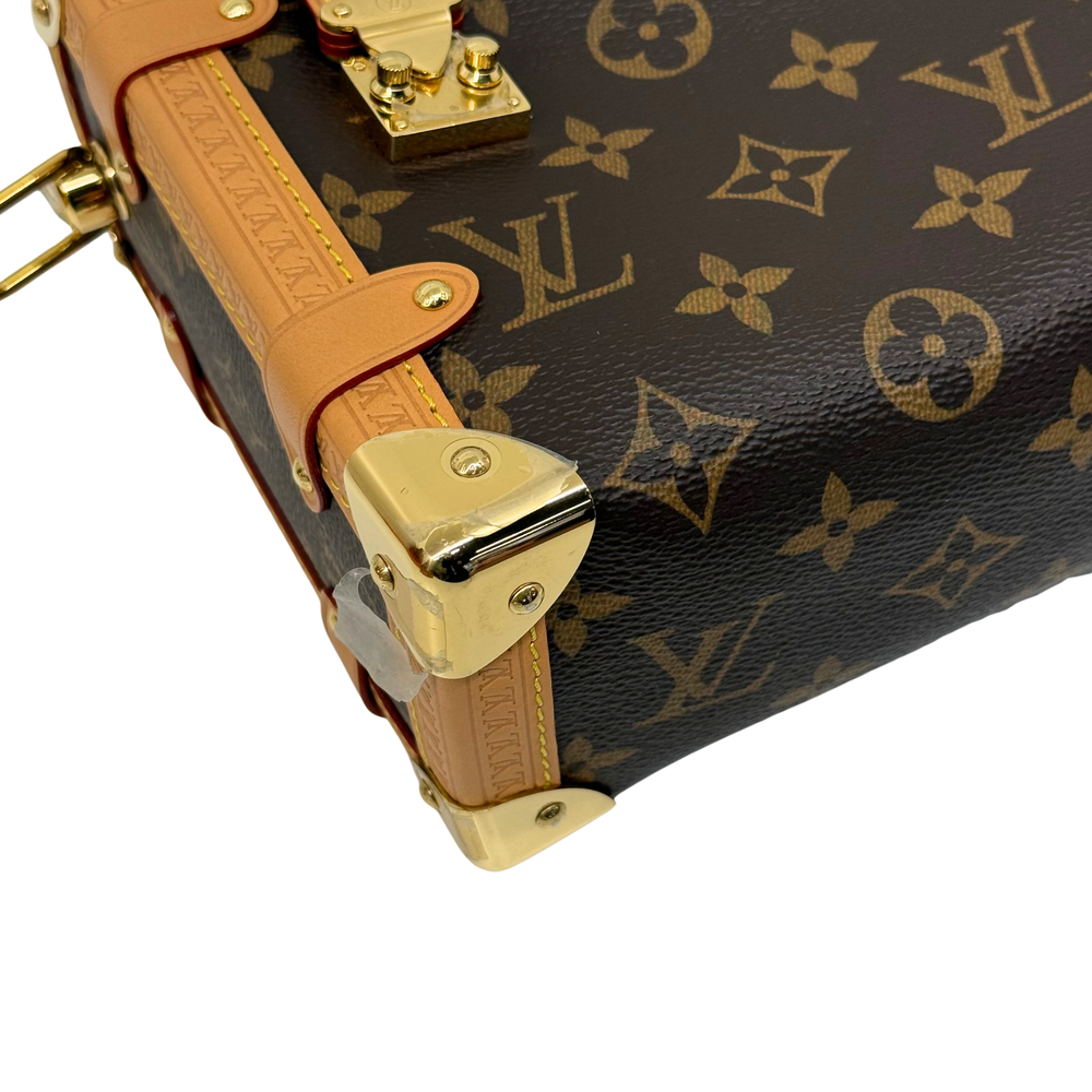 Louis Vuitton monogram handbag top corner with tan strap and gold-tone closure