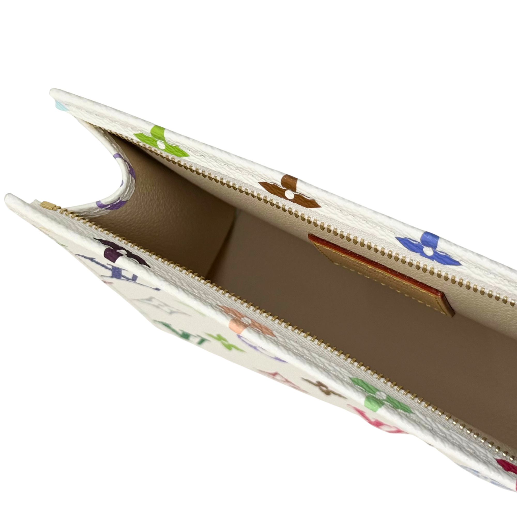 Louis Vuitton pouch open with brown interior, white multicolor monogram print, gold zipper