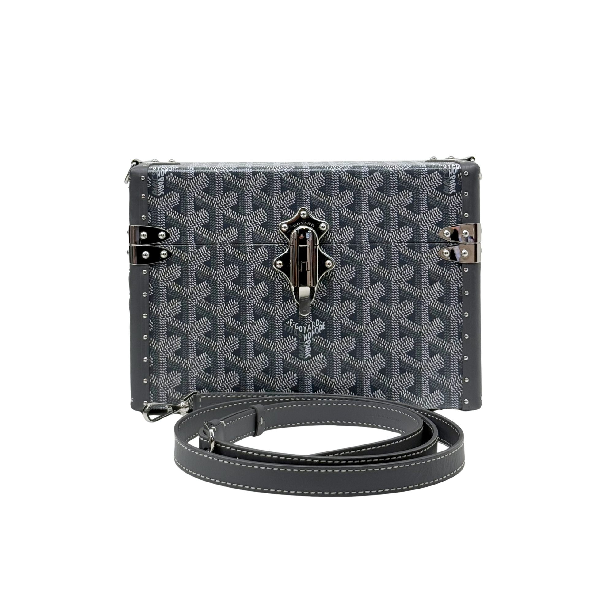 Goyard mini trunk with front lock and adjustable shoulder strap, dark patterned exterior