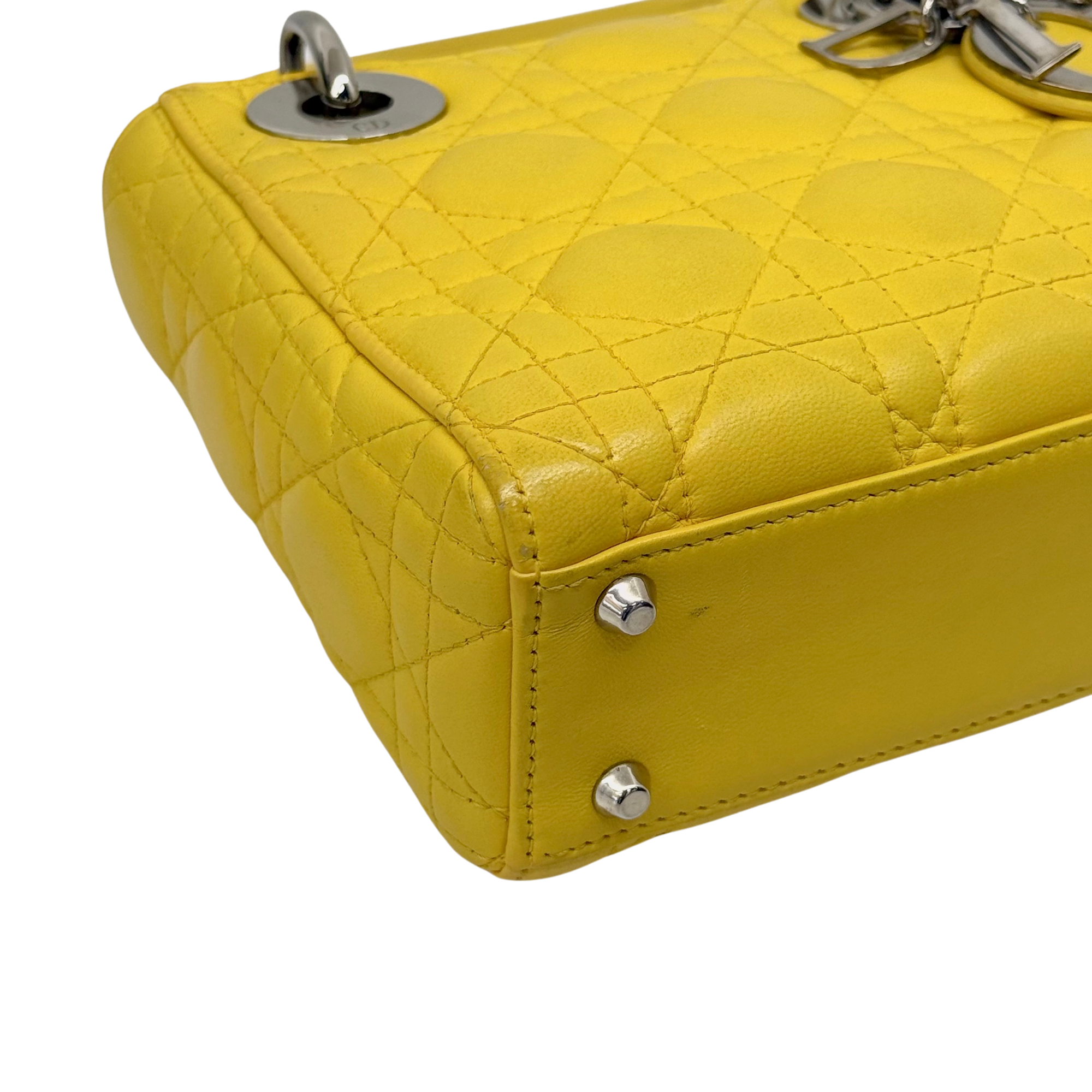 Dior Lady Mini Flap – Cannage Lambskin Yellow Silver Hardware Chain Strap Silver Hardware
 (pre-owned)